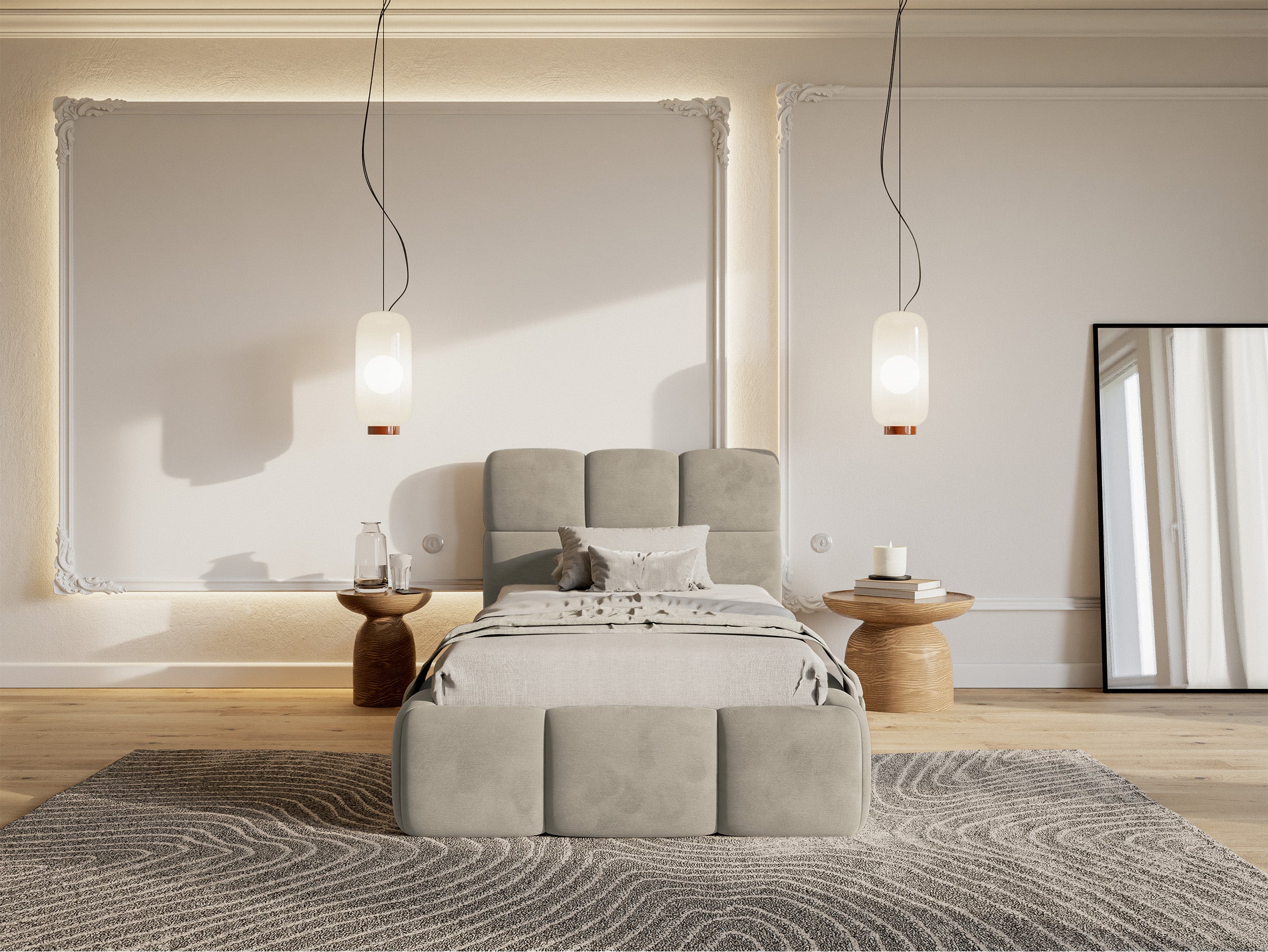 Łóżko tapicerowane 90x200 cm Cloudy z pojemnikiem stelaż metalowy szarobeżowe welur hydrofobowy łatwoczyszczący
