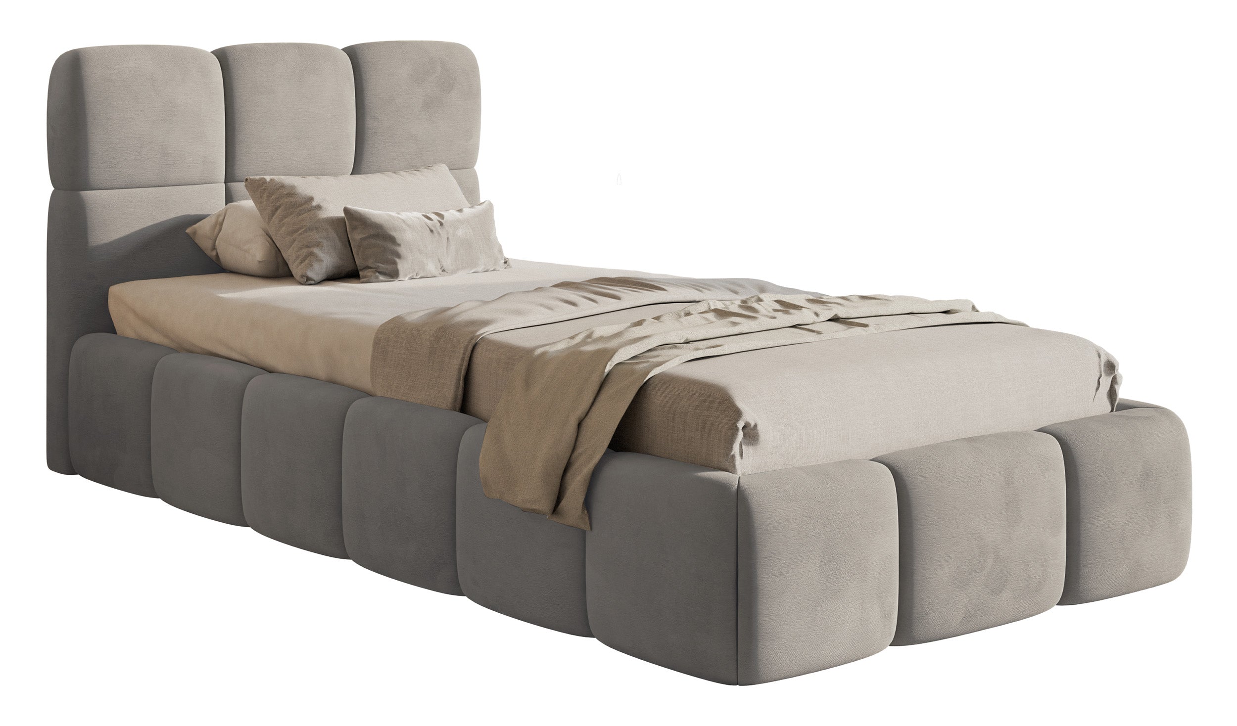 Łóżko tapicerowane 90x200 cm Cloudy z pojemnikiem stelaż metalowy jasnoszare welur hydrofobowy łatwoczyszczący