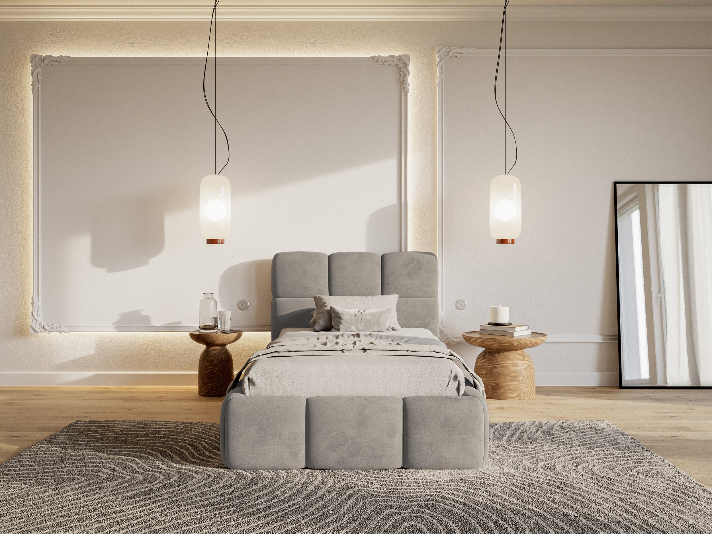 Łóżko tapicerowane 90x200 cm Cloudy z pojemnikiem stelaż metalowy jasnoszare welur hydrofobowy łatwoczyszczący