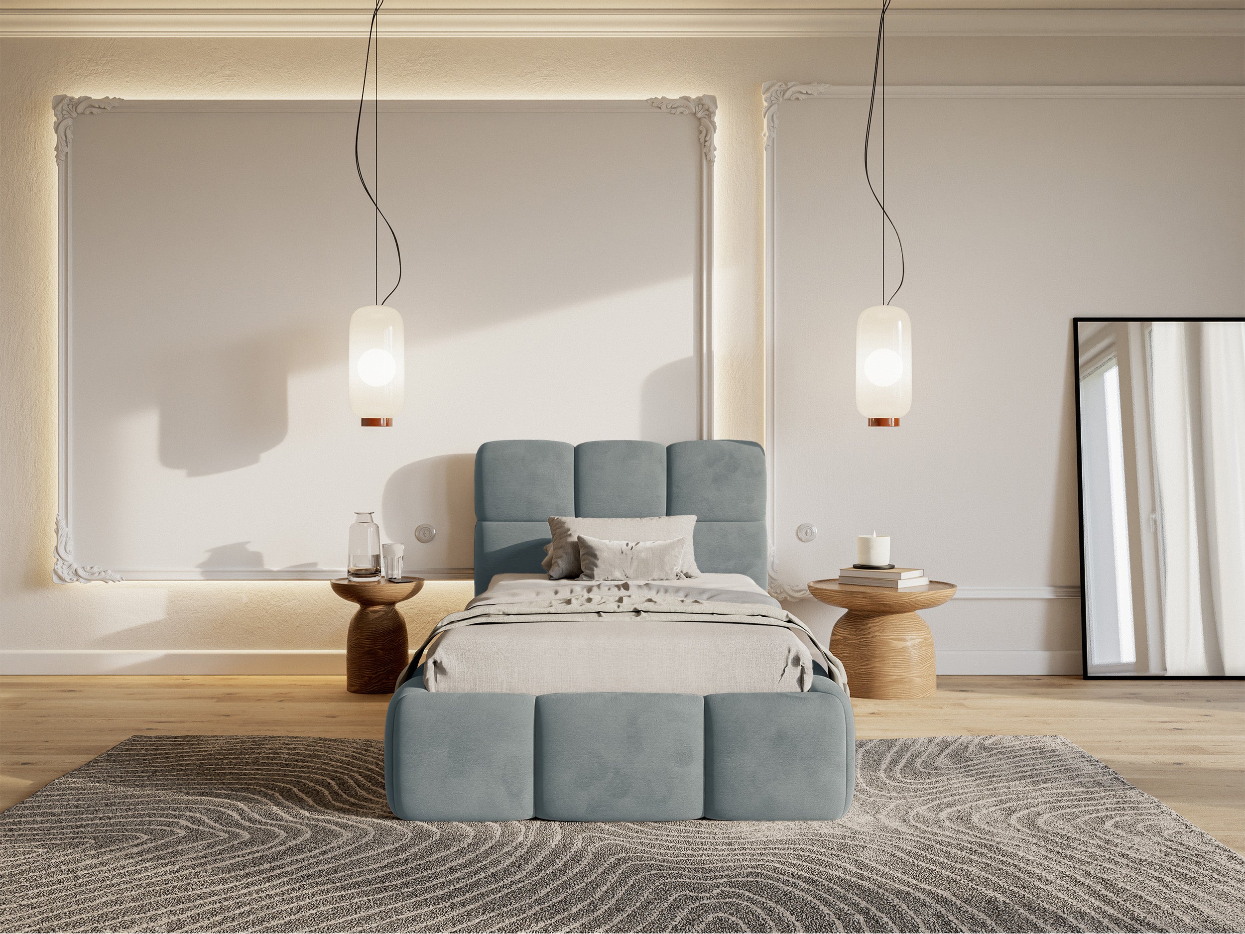 Łóżko tapicerowane 90x200 cm Cloudy z pojemnikiem stelaż metalowy szare welur hydrofobowy łatwoczyszczący