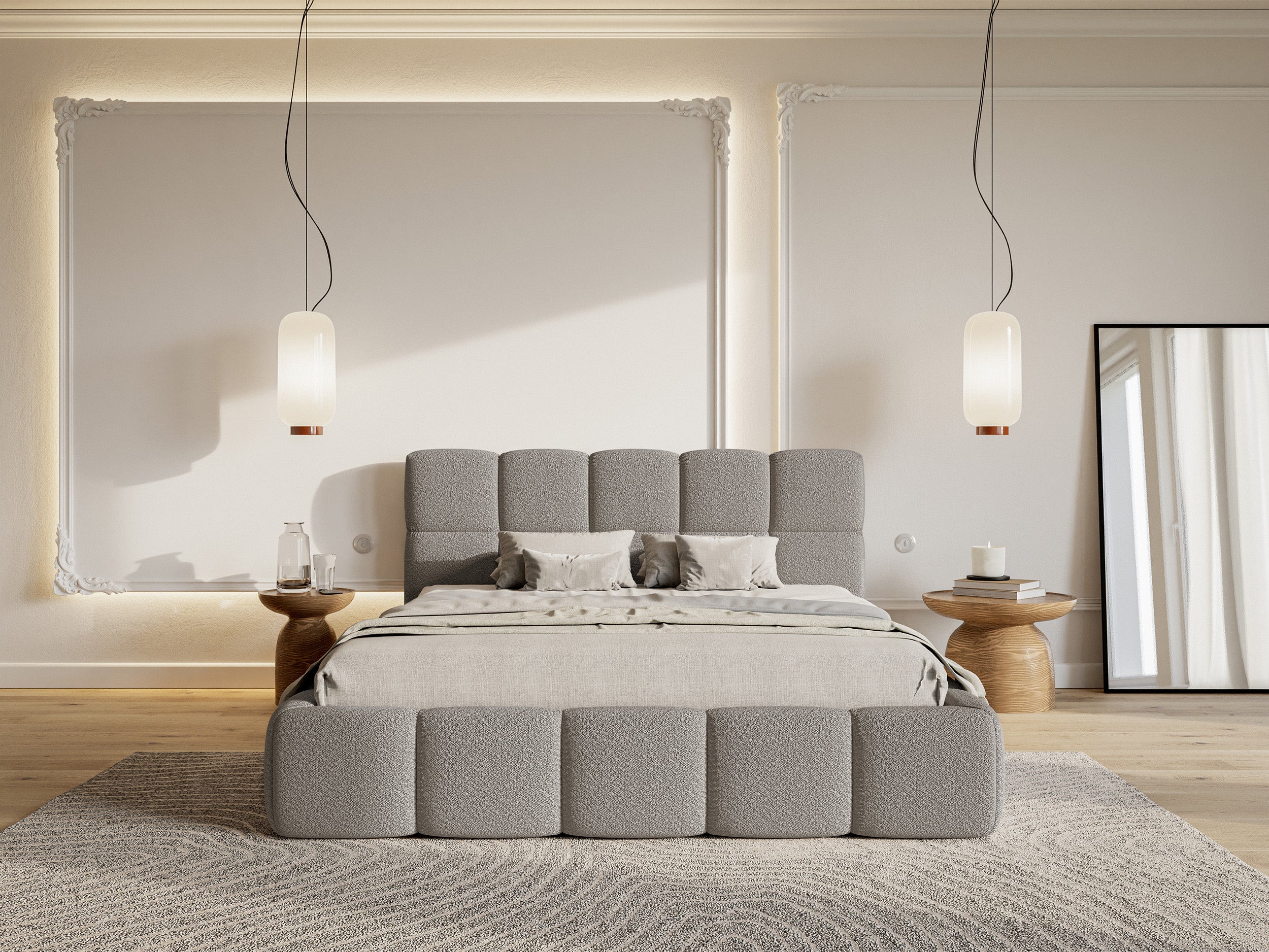 Łóżko tapicerowane 140x200 cm Cloudy z pojemnikiem szare boucle