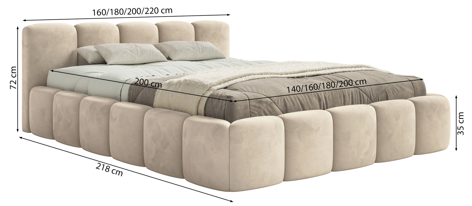 Rysunek wymiarowy - Łóżko Cloudy Low 200x200 cm szare welur hydrofobowy łatwoczyszczący stelaż drewniany: szerokość 220 cm, długość 218 cm, wysokość 72 cm