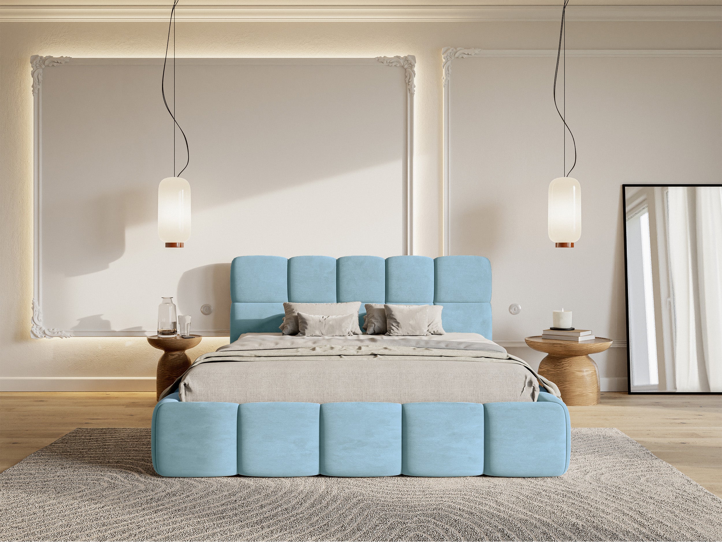 Łóżko tapicerowane 160x200 cm Cloudy błękitne welur hydrofobowy łatwoczyszczący