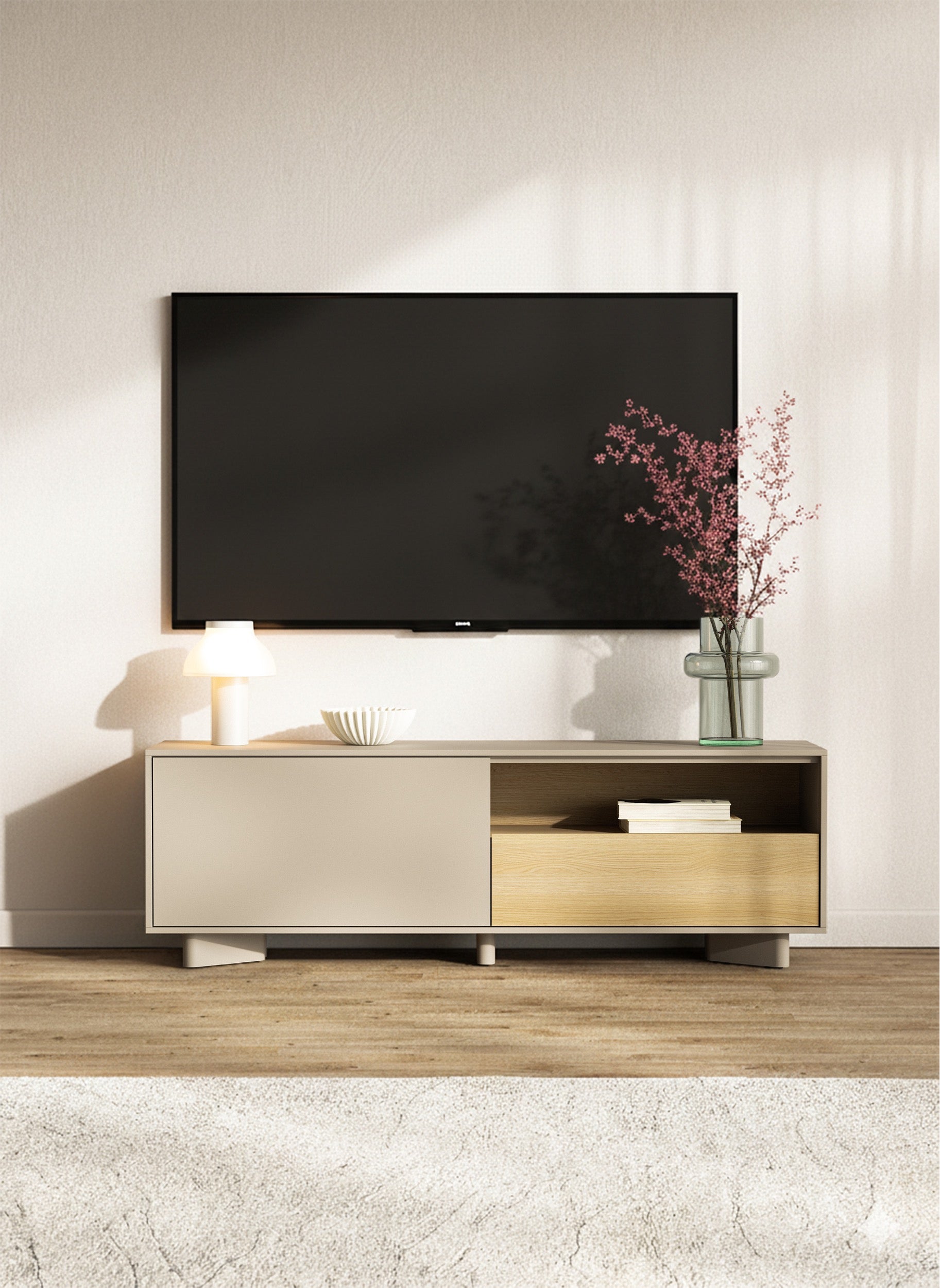 Szafka RTV Distria z szufladą 140 cm kaszmir/dąb vicenza