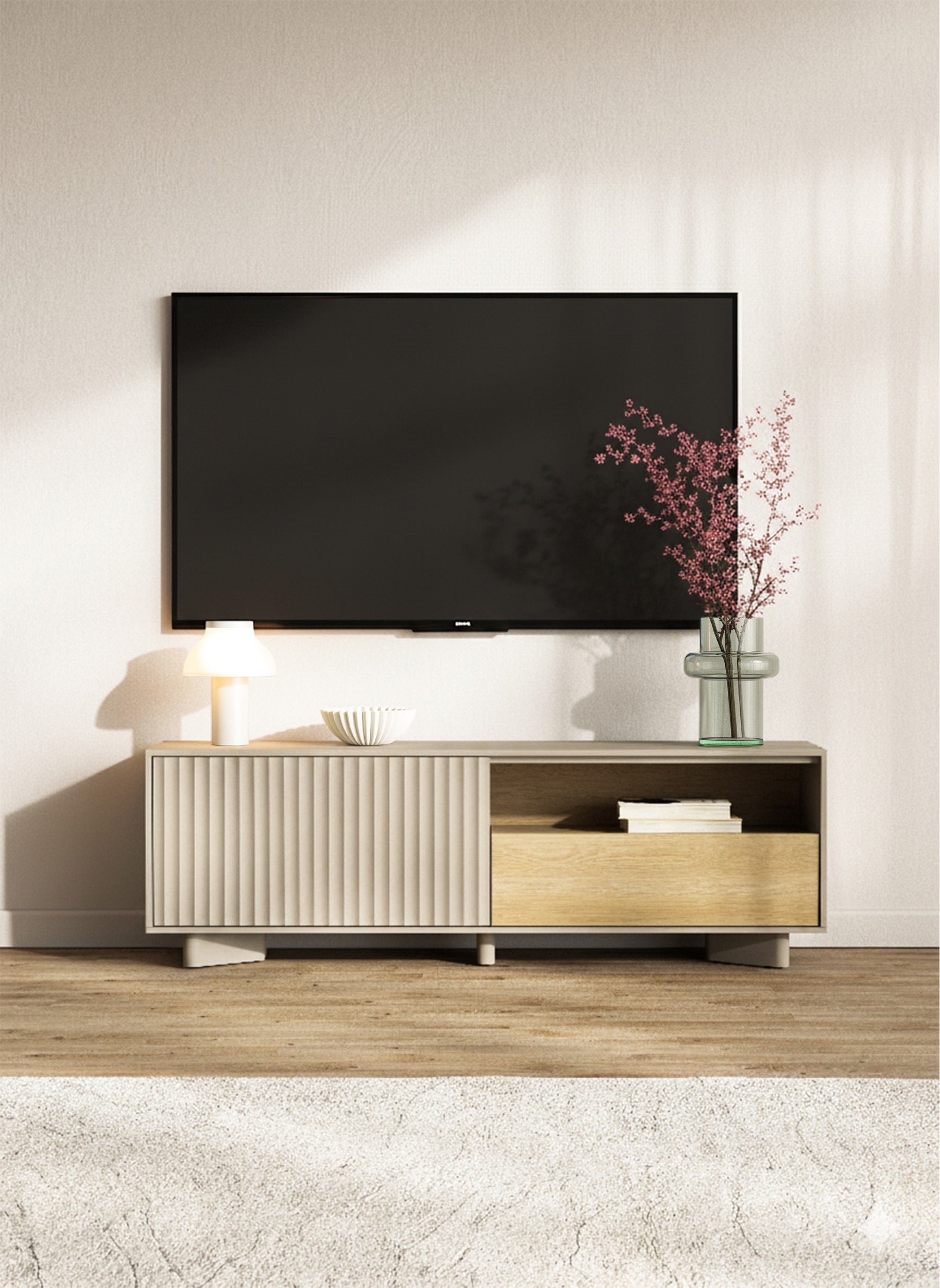 Szafka RTV Distria z szufladą i ryflowanym frontem 140 cm kaszmir/dąb vicenza