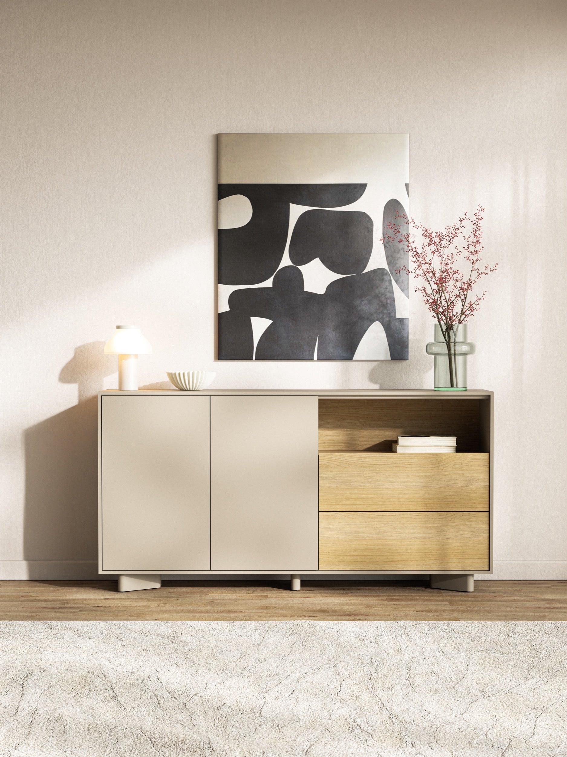Komoda dwudrzwiowa Distria z szufladami 156 cm kaszmir/dąb vicenza