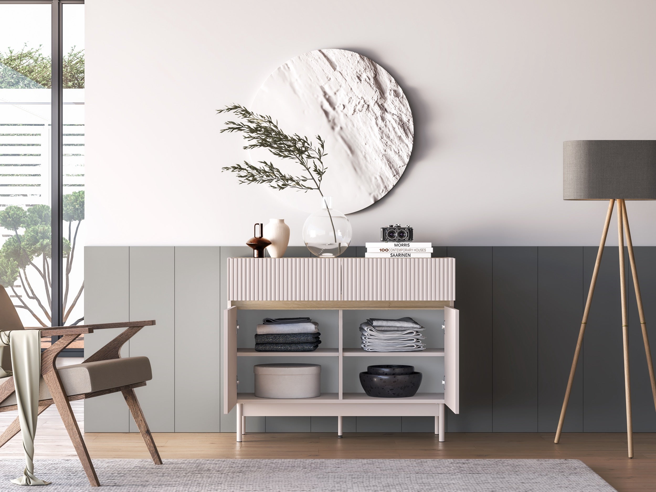 Komoda dwudrzwiowa Dunea z dwiema szufladami 104 cm kaszmir/dąb