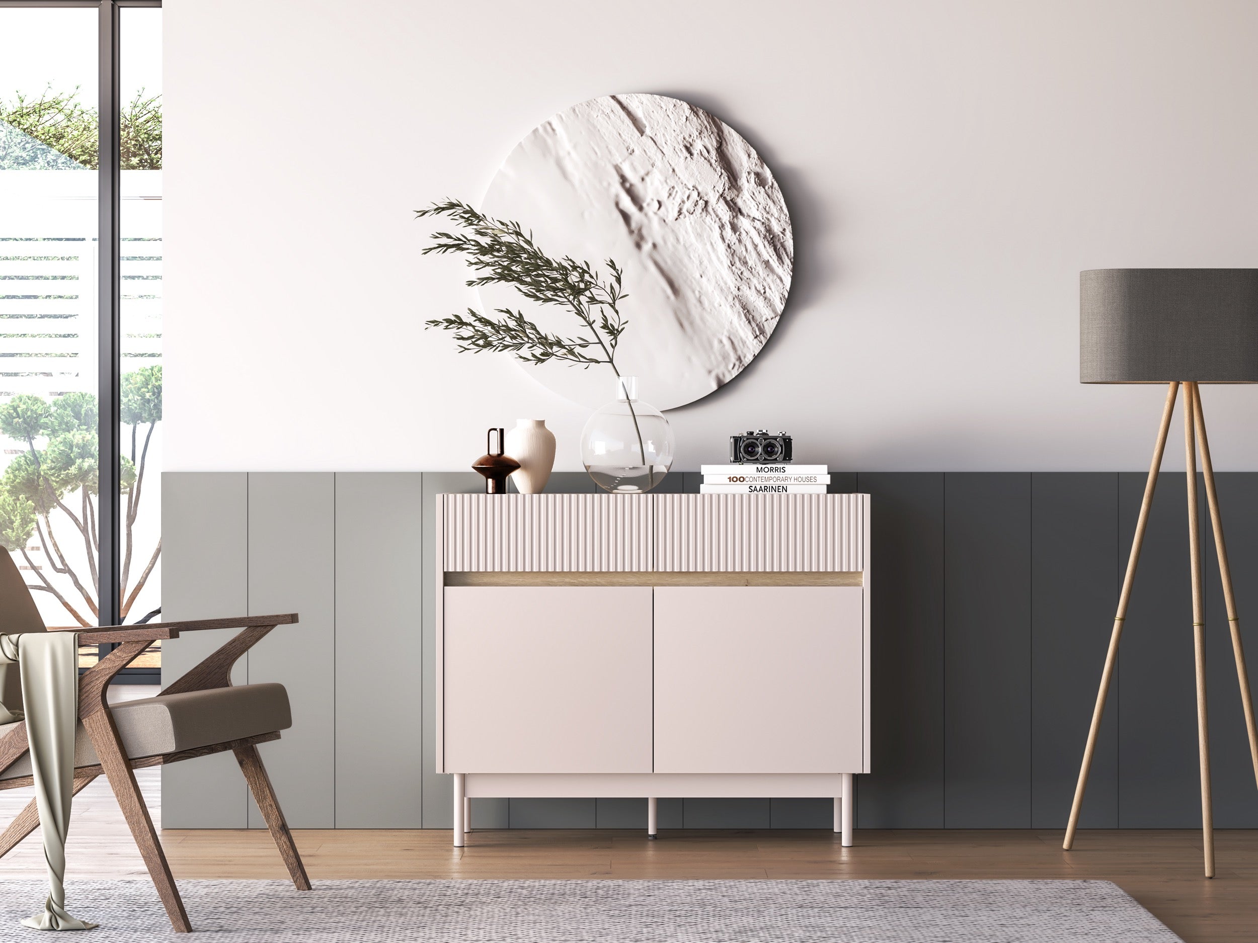 Komoda dwudrzwiowa Dunea z dwiema szufladami 104 cm kaszmir/dąb