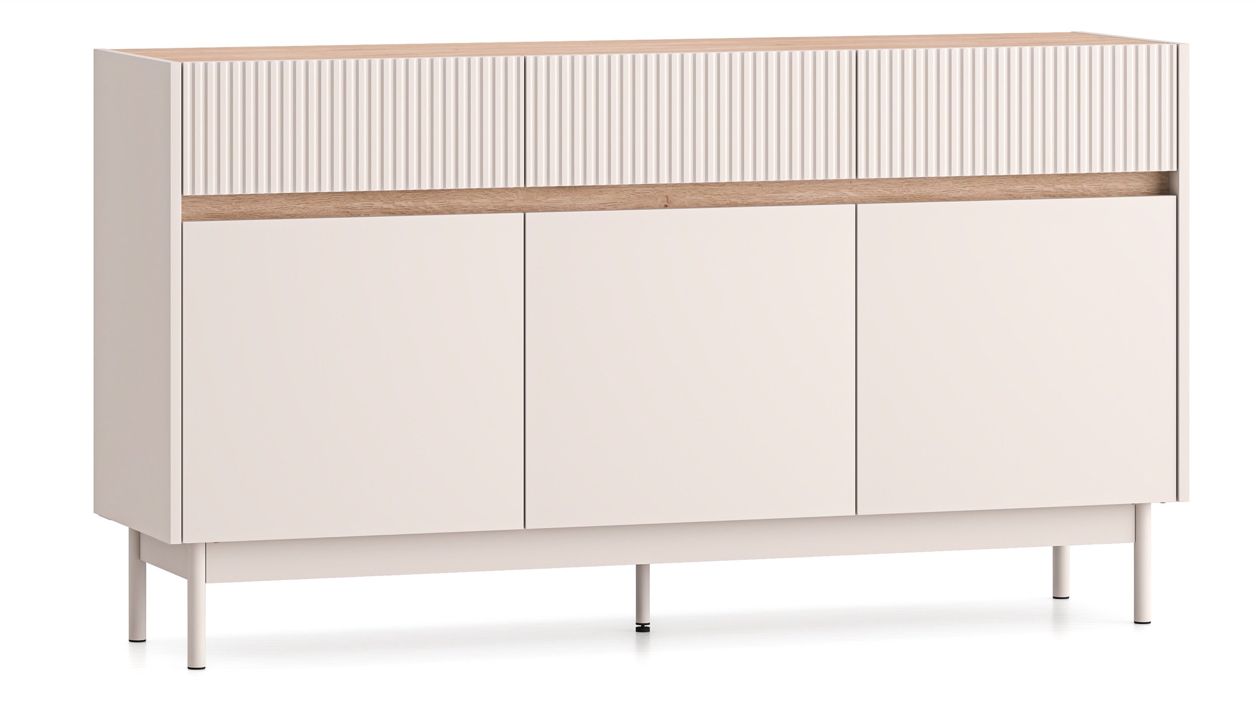 Komoda trzydrzwiowa Dunea z trzema szufladami 154 cm kaszmir/dąb