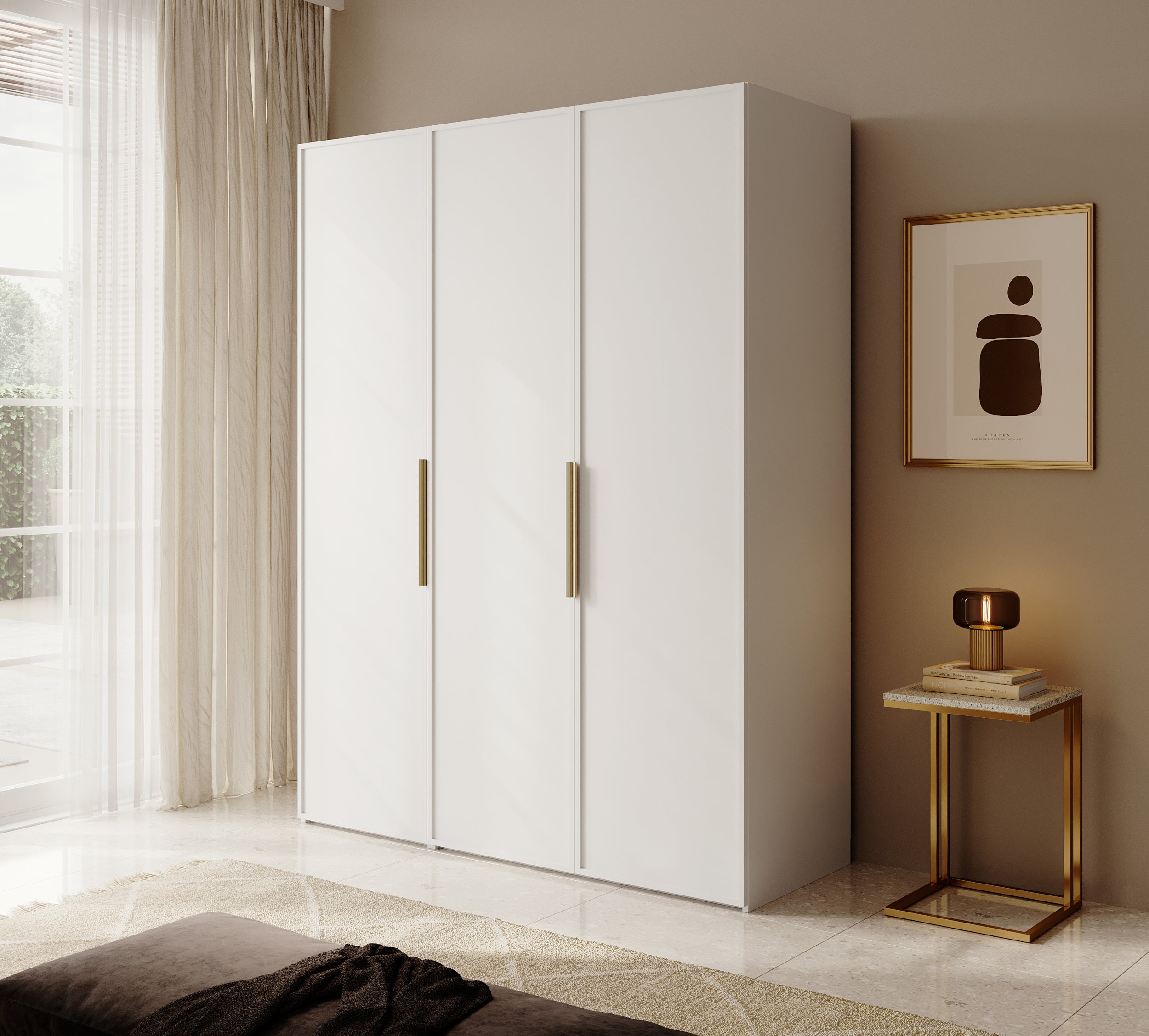 Szafa trzydrzwiowa Frame z długim drążkiem i siedmioma półkami 150 cm Biała