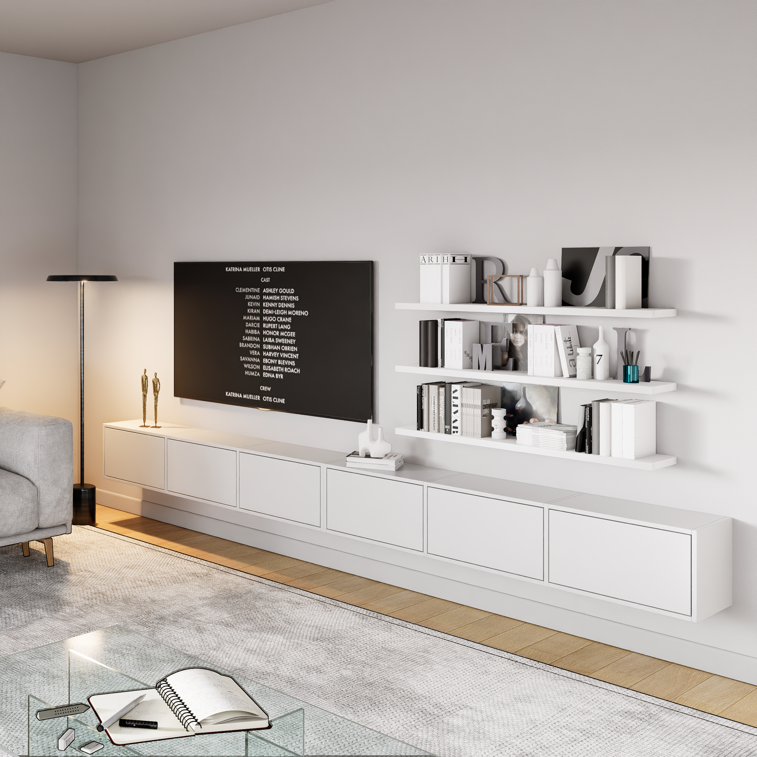 Szafka RTV Framme wisząca z sześcioma klapami 300 cm biała