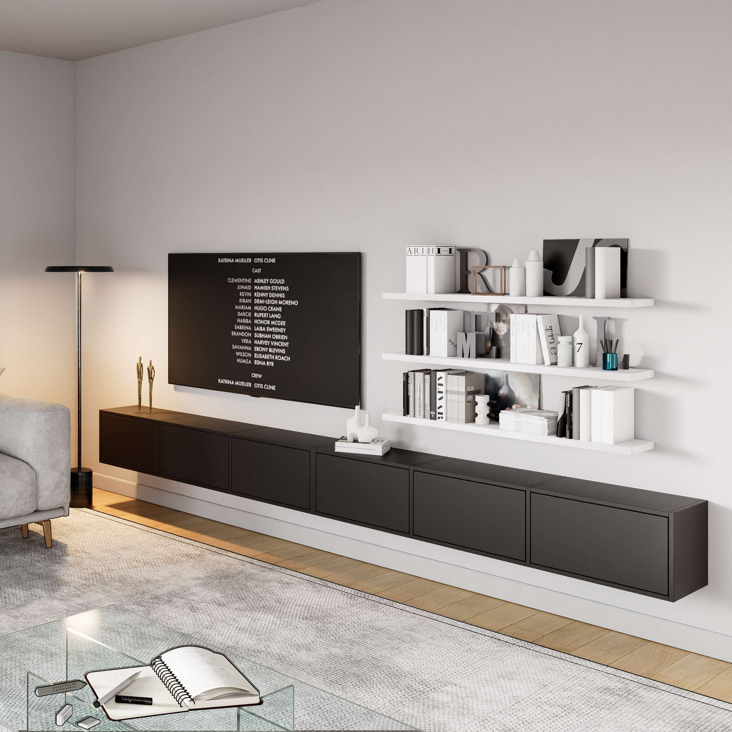 Szafka RTV Framme wisząca z sześcioma klapami 300 cm czarna