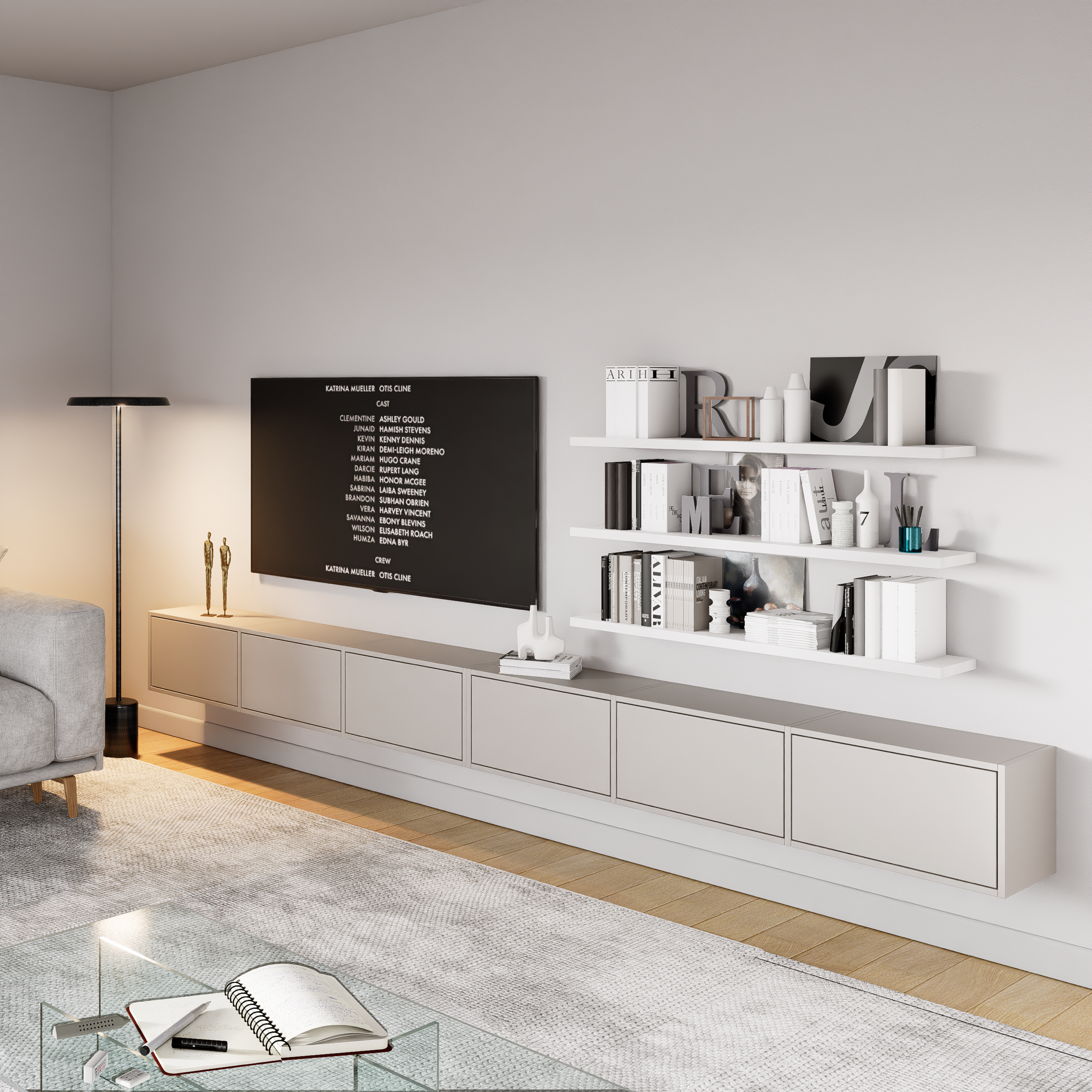 Szafka RTV Framme wisząca z sześcioma klapami 300 cm kaszmir
