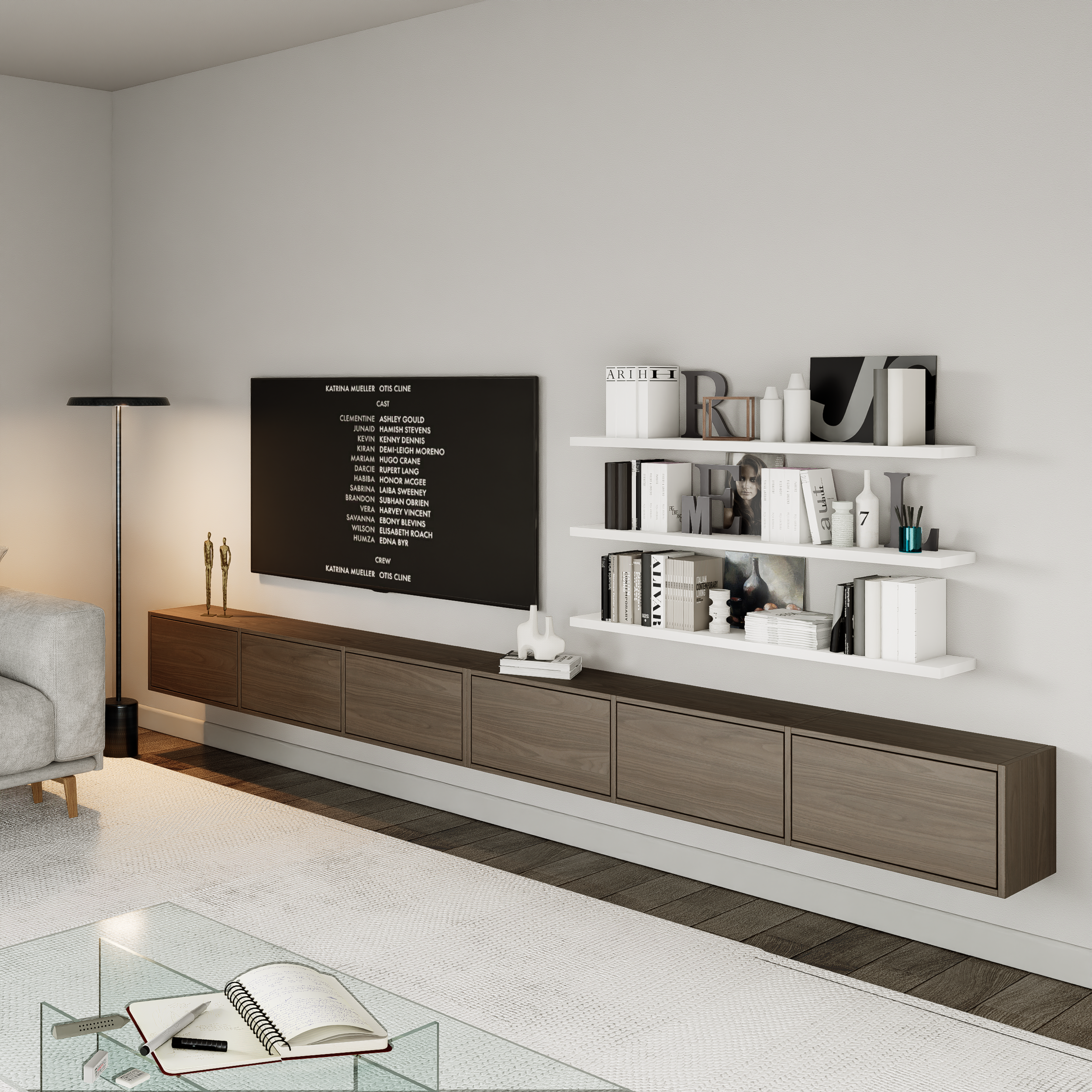 Szafka RTV Framme wisząca z sześcioma klapami 300 cm orzech wisconsin