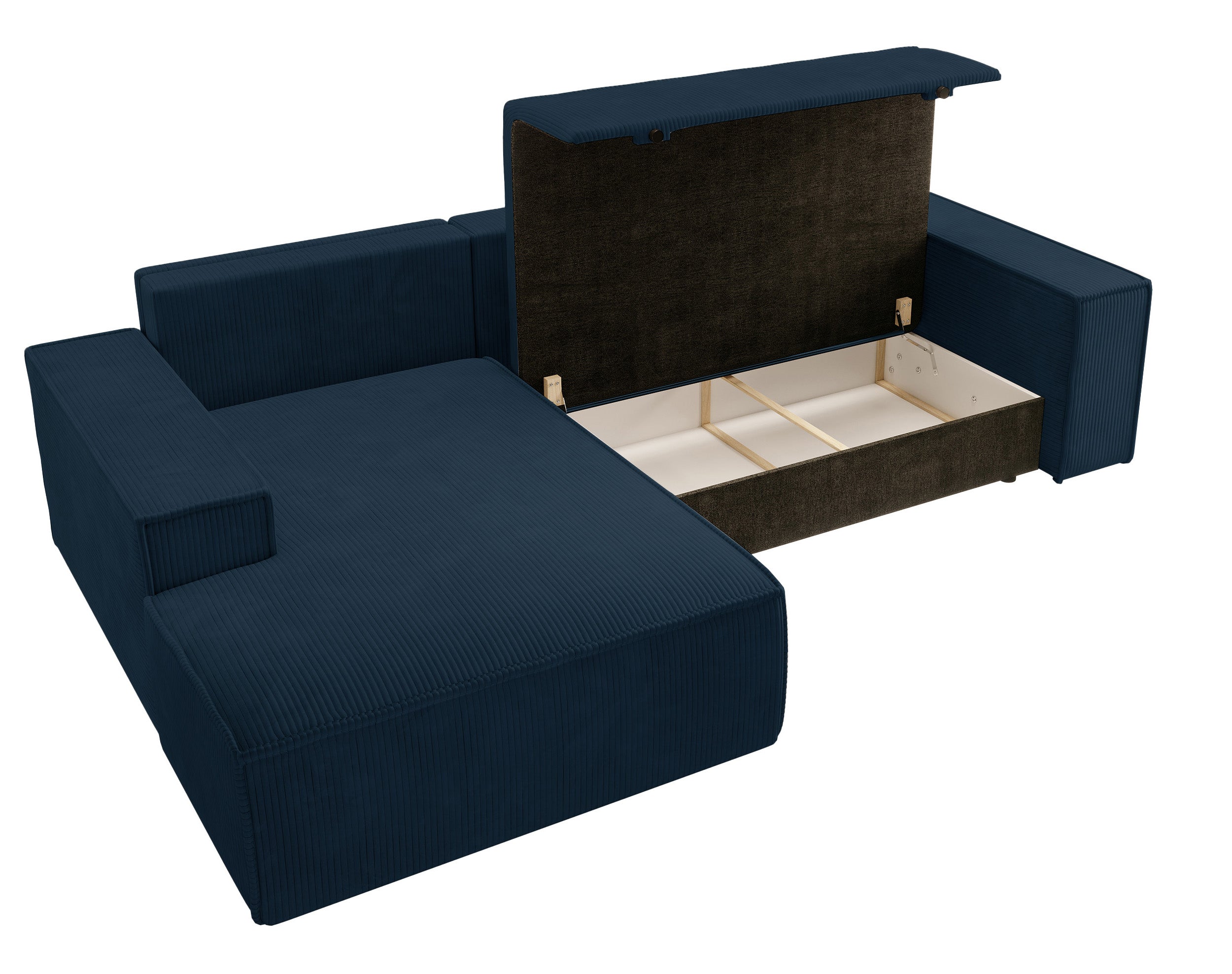 Narożnik z funkcją spania Farese New L-kształtny z pojemnikiem granatowy sztruks lewostronny