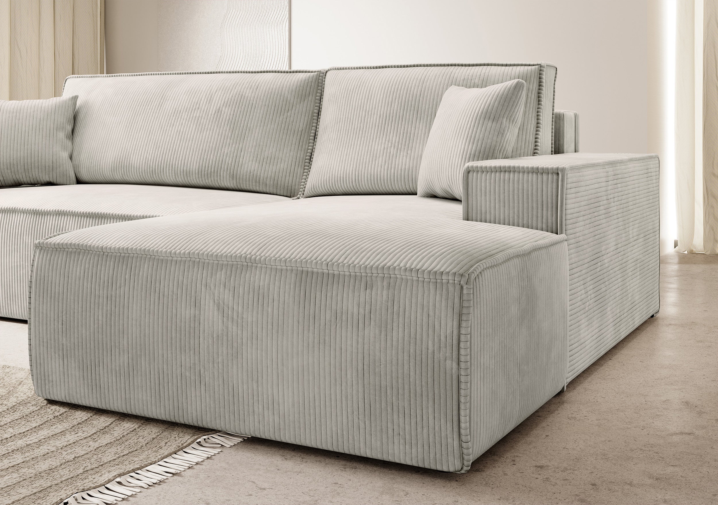 Narożnik z funkcją spania Farese New L-kształtny z pojemnikiem kremowy sztruks prawostronny