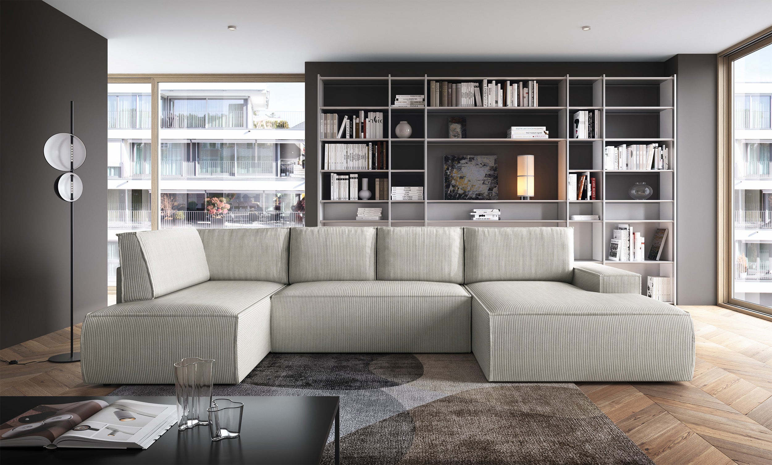 Narożnik z funkcją spania Farese New U-kształtny z pojemnikiem prawostronny kremowy sztruks