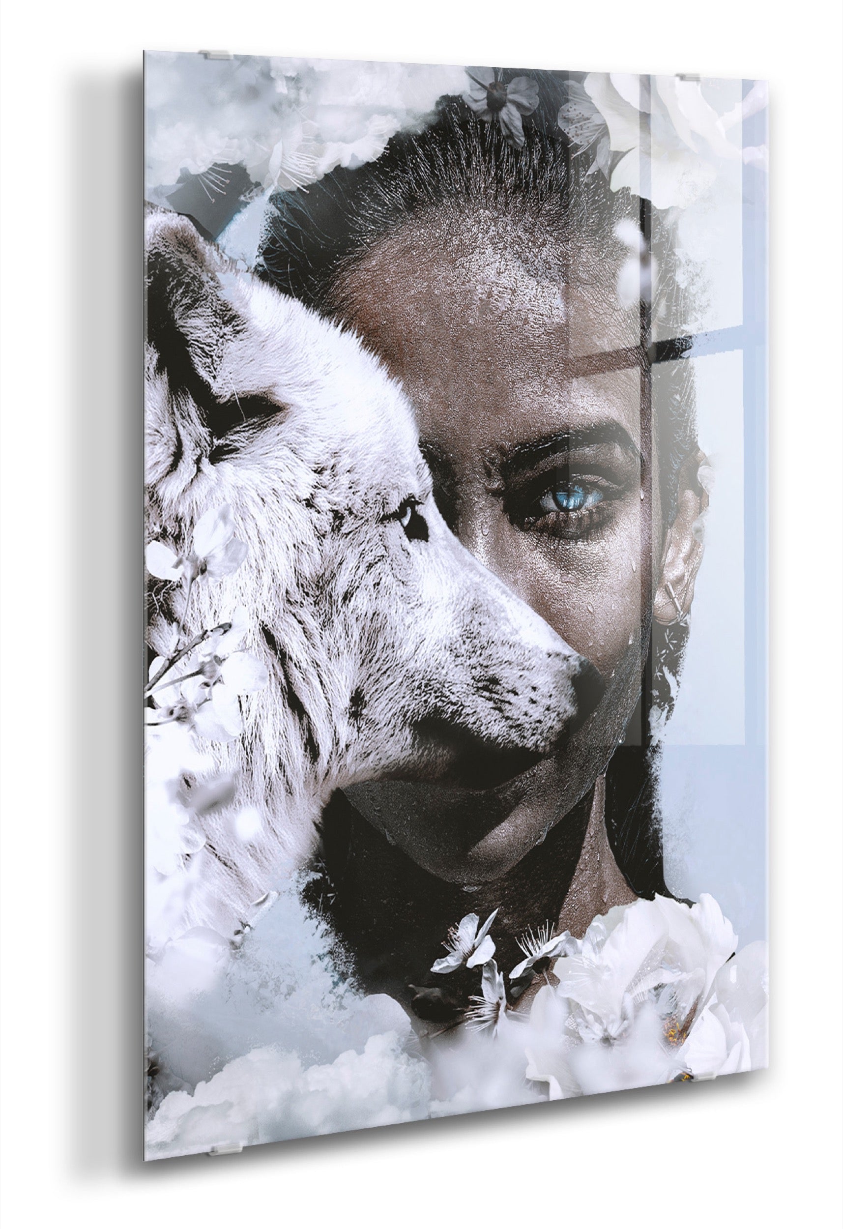 Obraz na szkle Wolf Women 120x80 cm