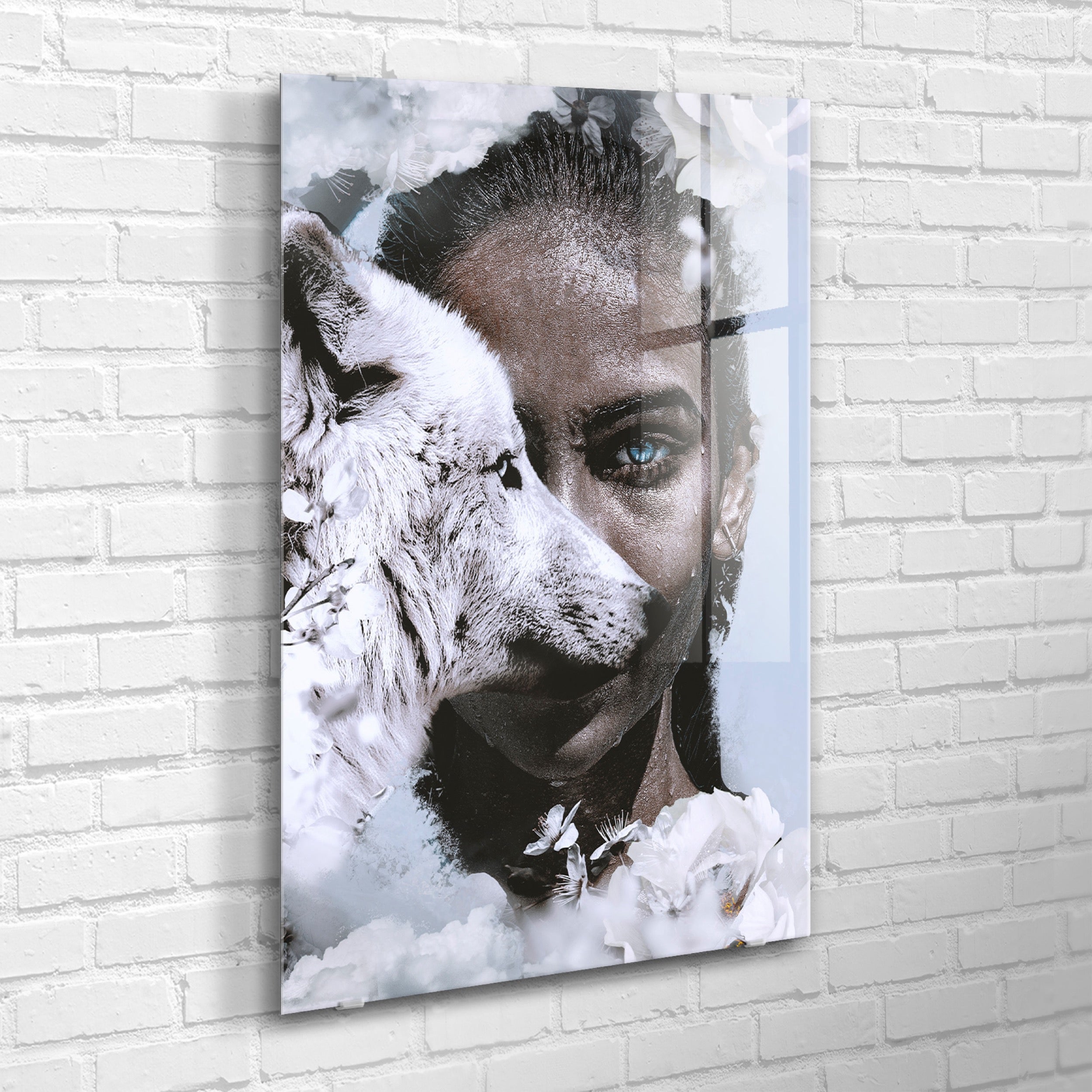 Obraz na szkle Wolf Women 120x80 cm