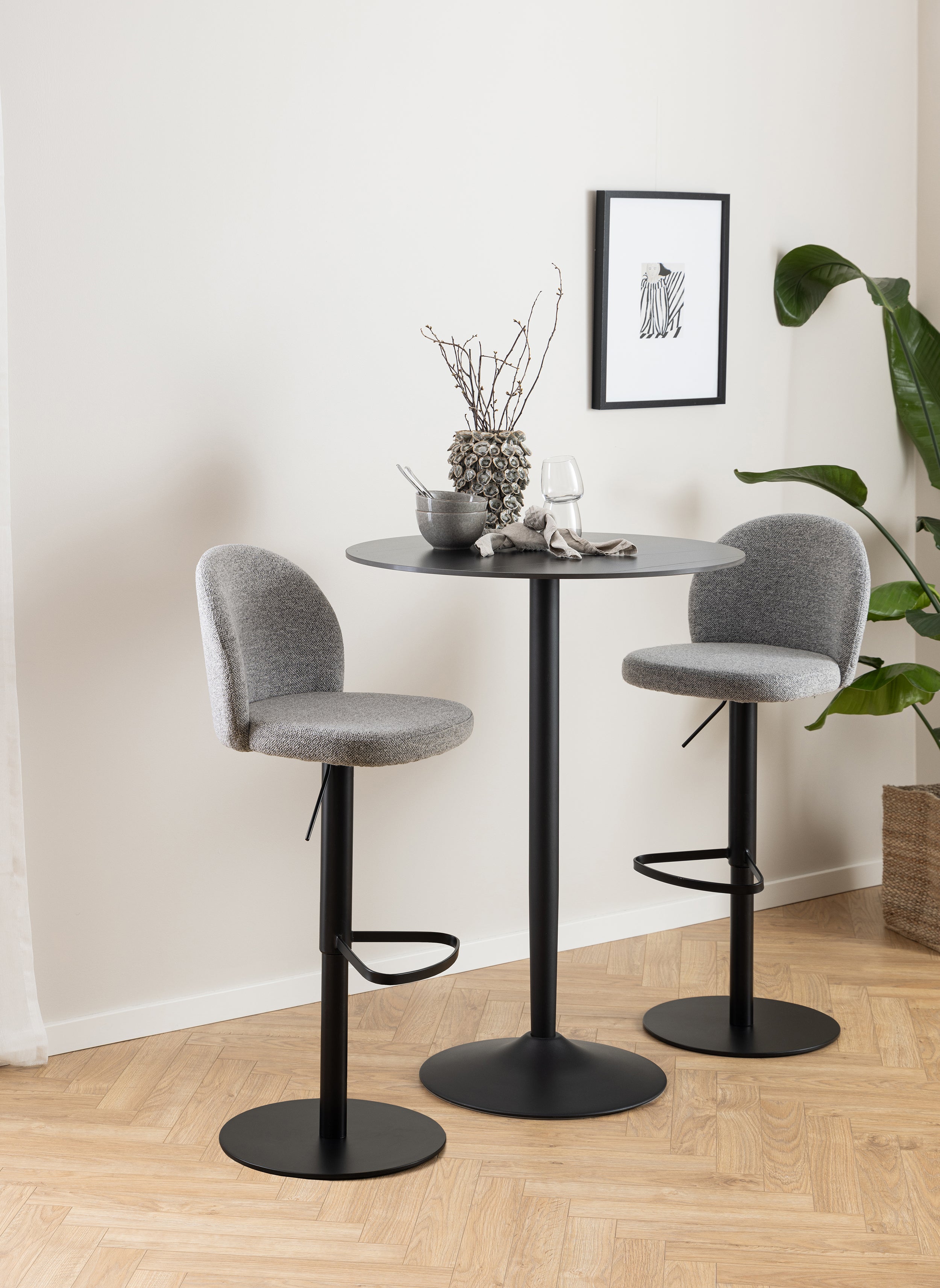 Stolik barowy Roshly średnica 80 cm czarny ceramiczny blat z metalową podstawą