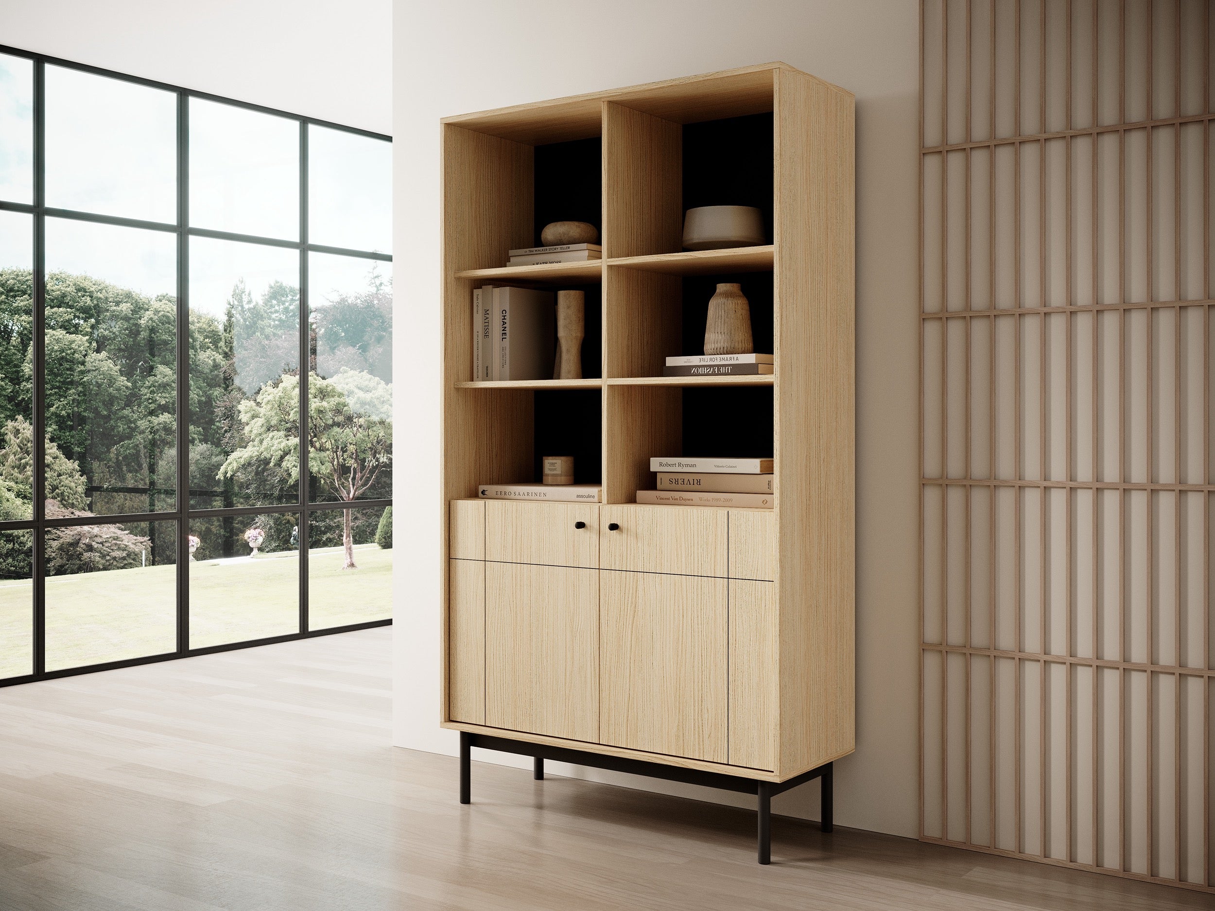 Regał dwudrzwiowy Japandies z półkami 104 cm Dąb linea