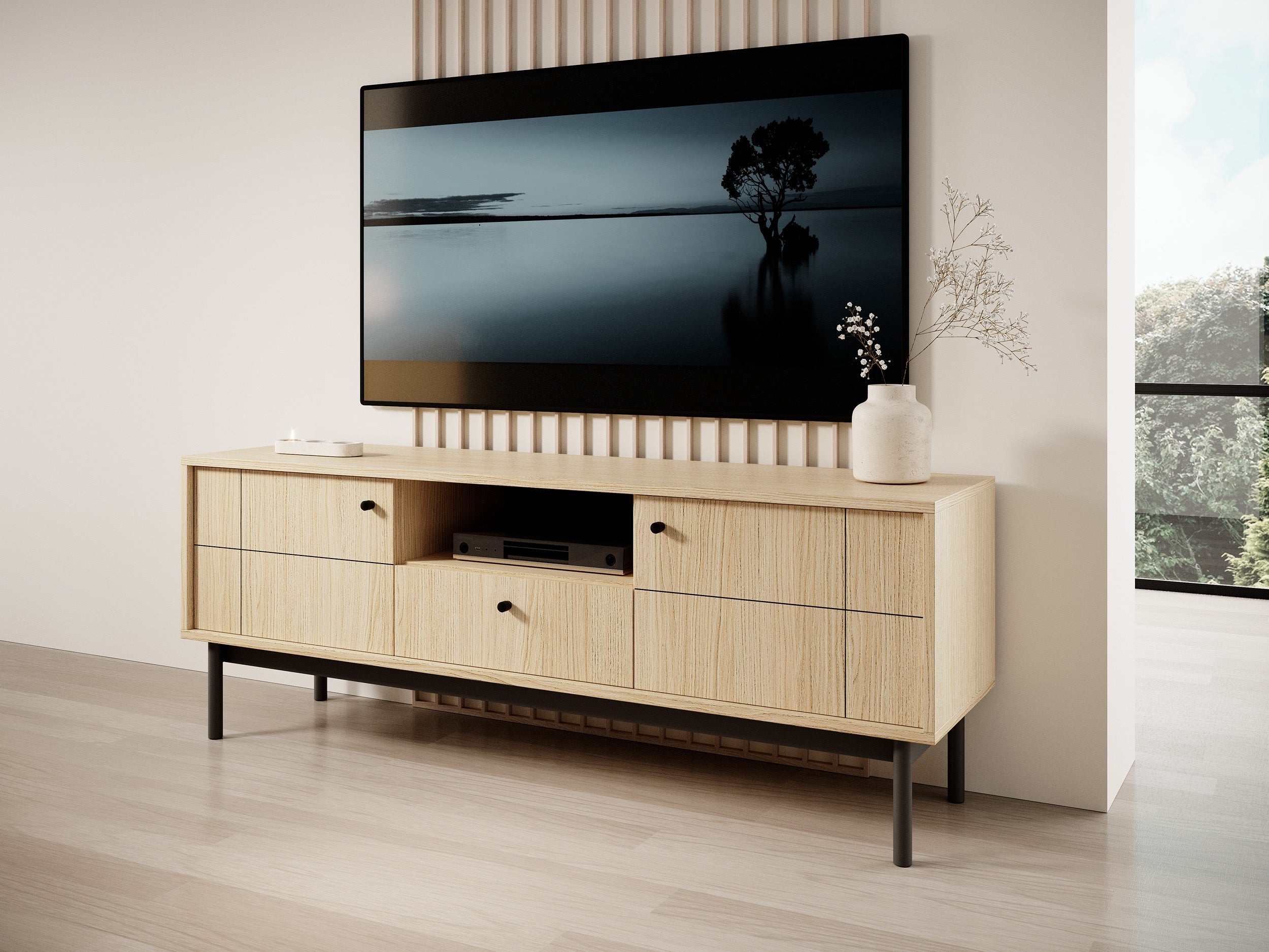 Szafka RTV dwudrzwiowa Japandies z szufladą i wnęką 153 cm Dąb linea