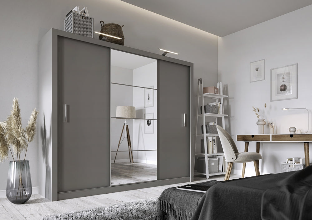 Szafa Idea 250 cm z lustrem i oświetleniem szara