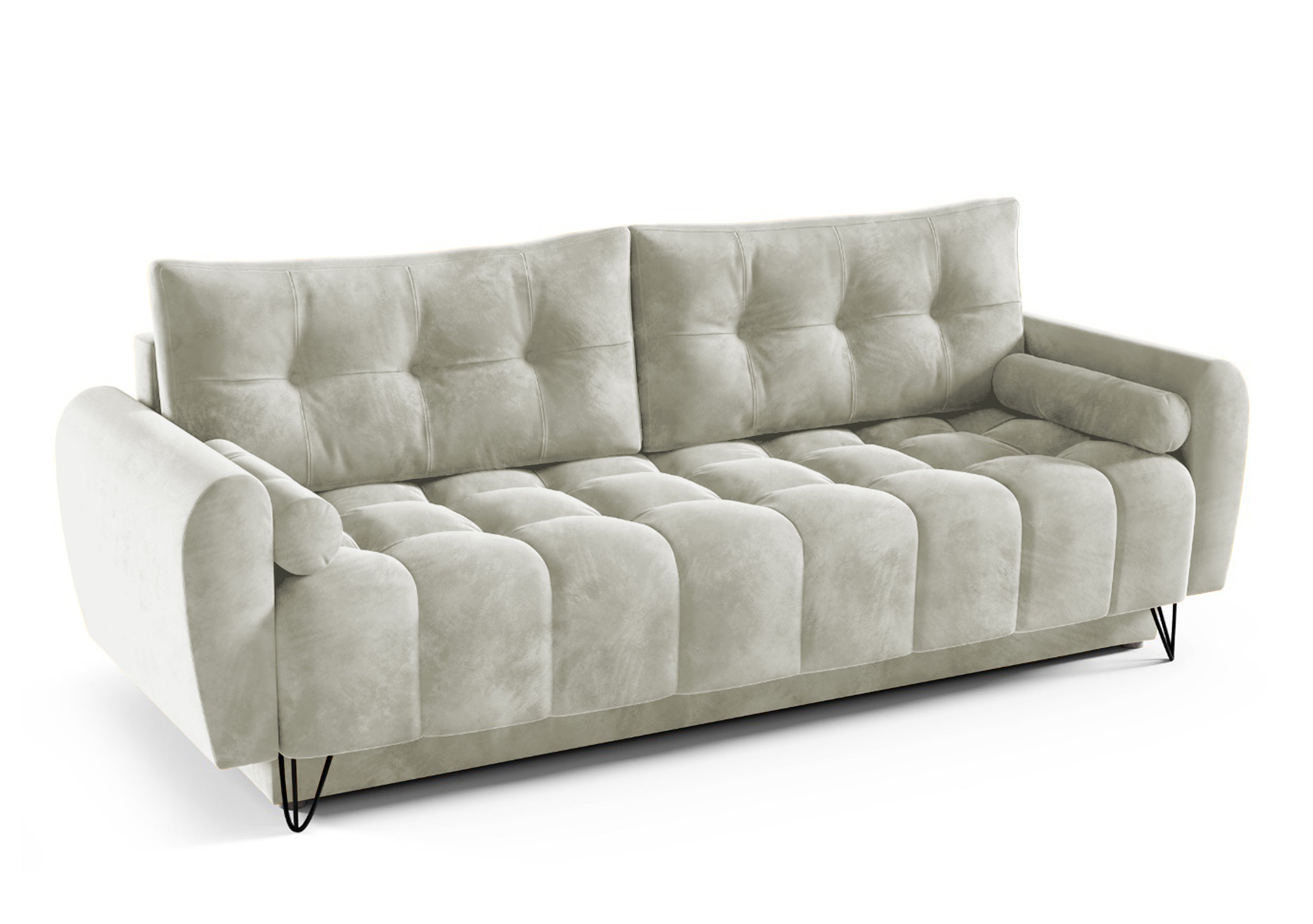 Kanapa rozkładana trzyosobowa Minna kremowa z pojemnikiem welur hydrofobowy