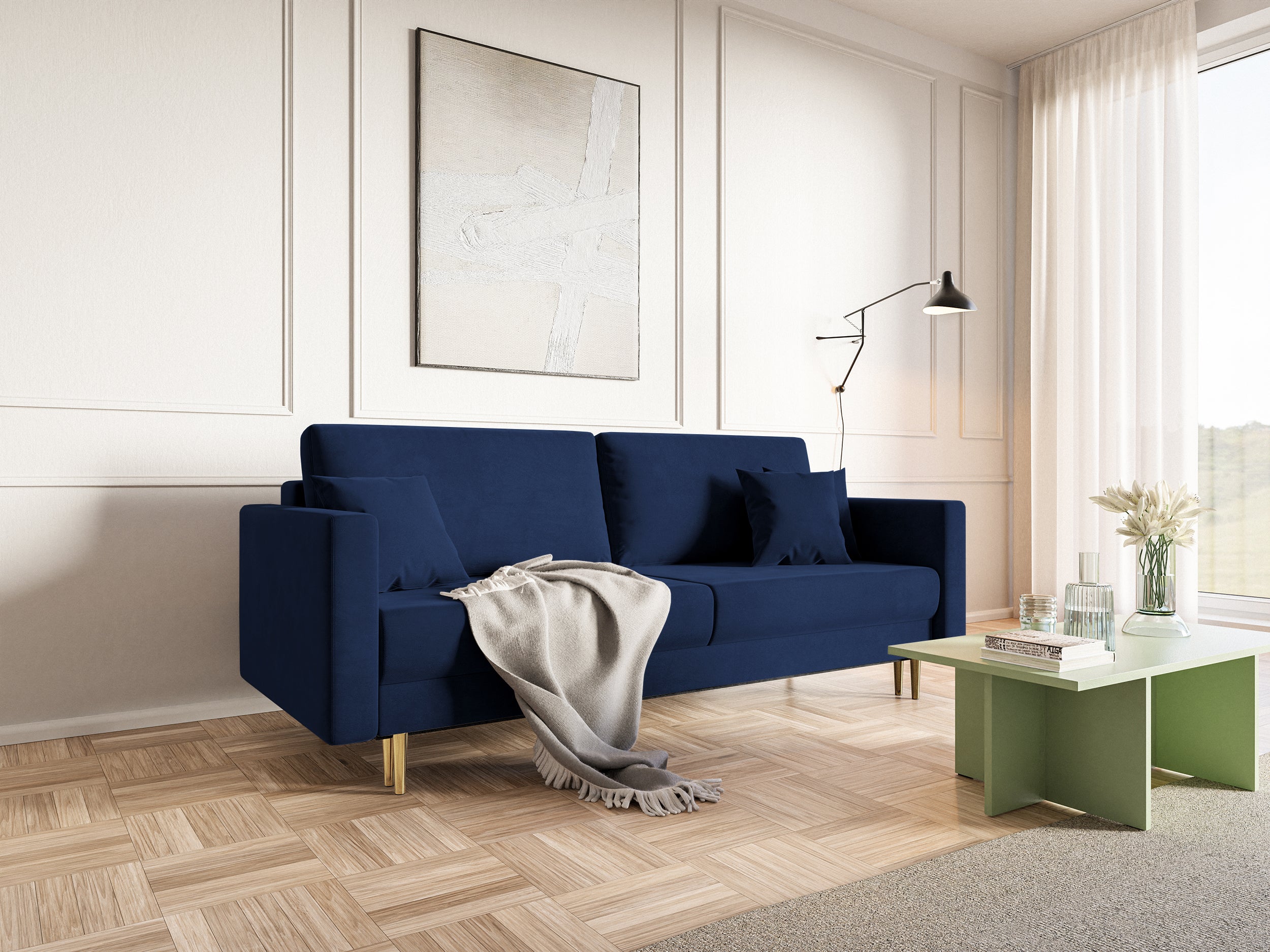 Kanapa rozkładana trzyosobowa Valico granatowa velvet hydrofobowy