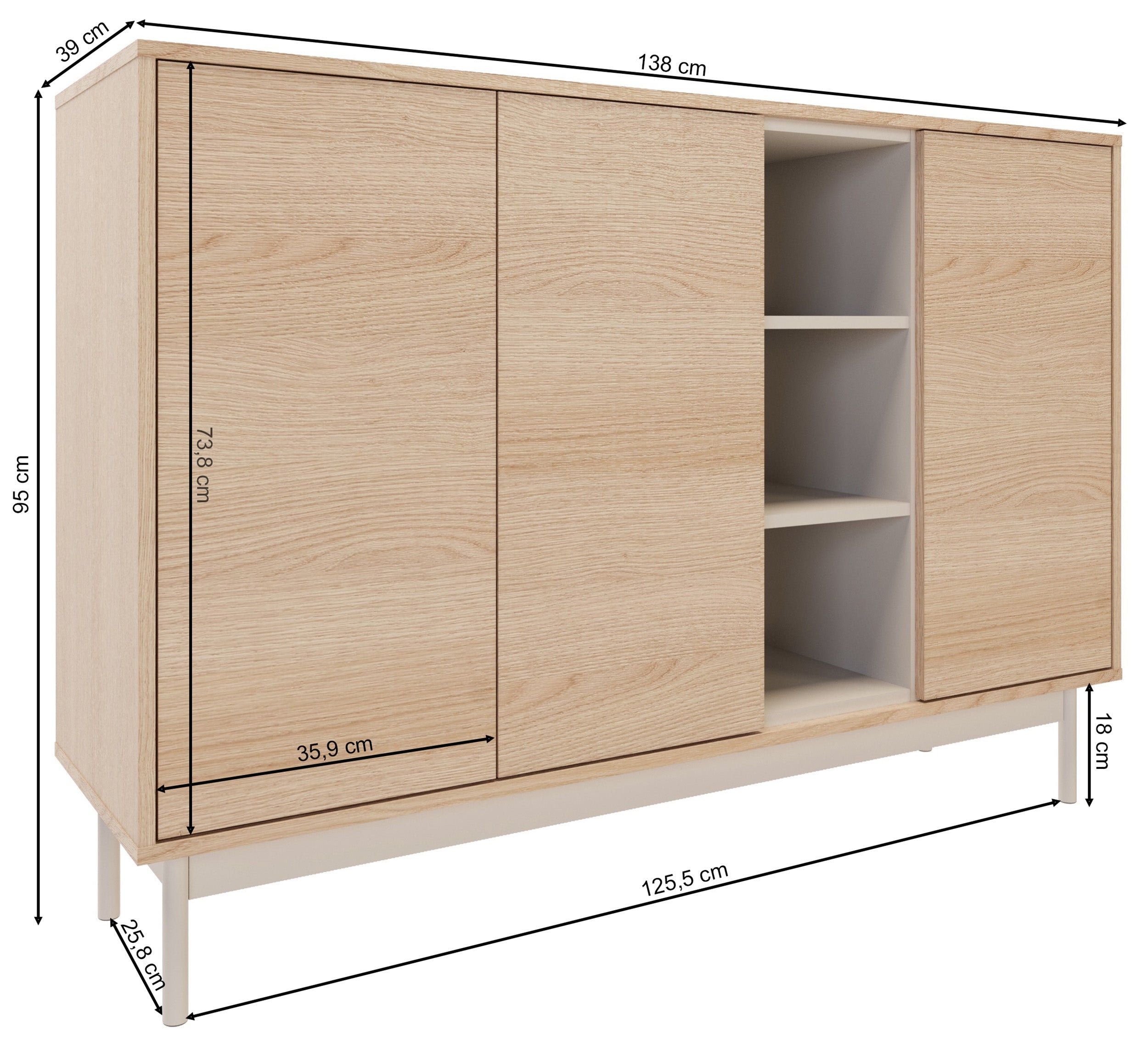 Komoda trzydrzwiowa Layen z trzema wnękami 138 cm dąb lindberg/kaszmir