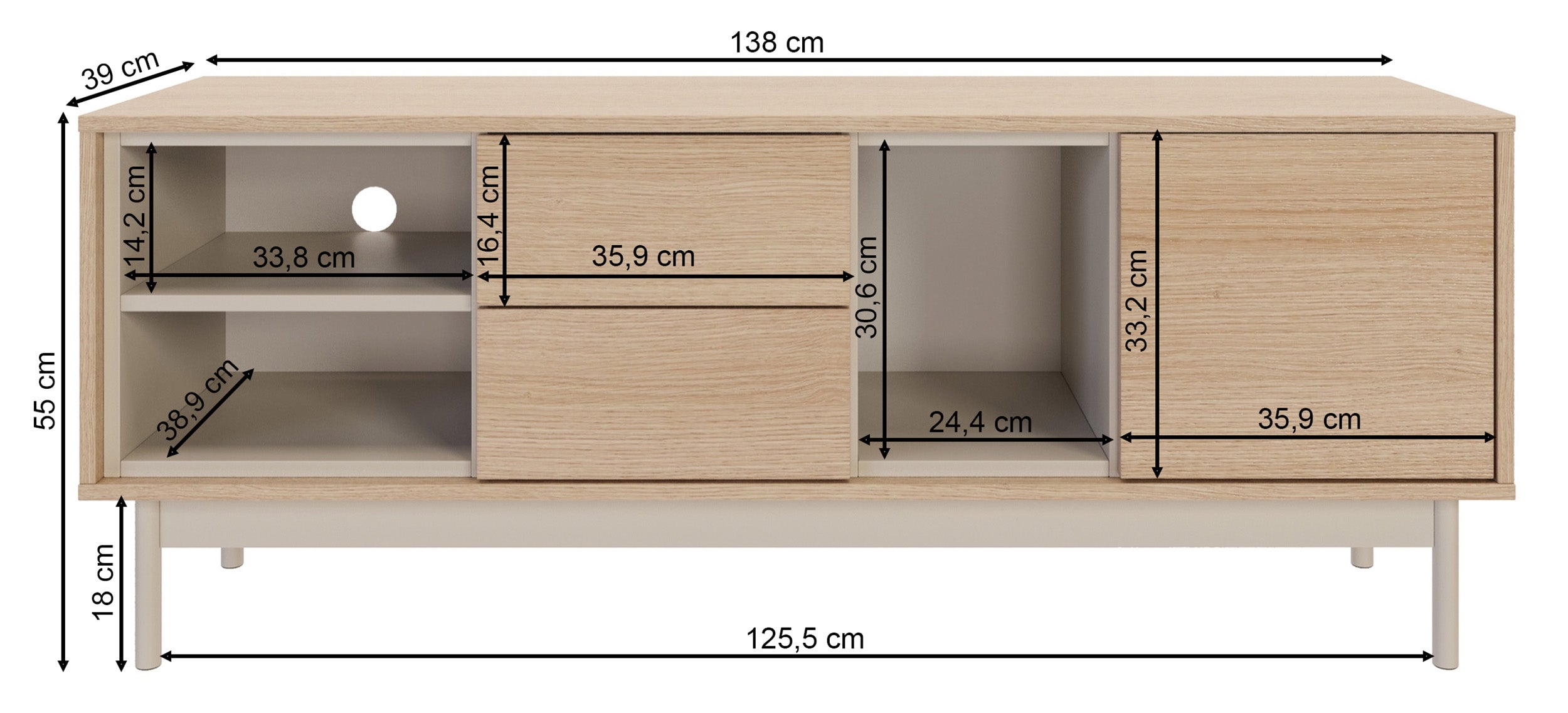 Szafka RTV jednodrzwiowa Layen z dwiema szufladami i trzema wnękami 138 cm dąb lindberg/kaszmir