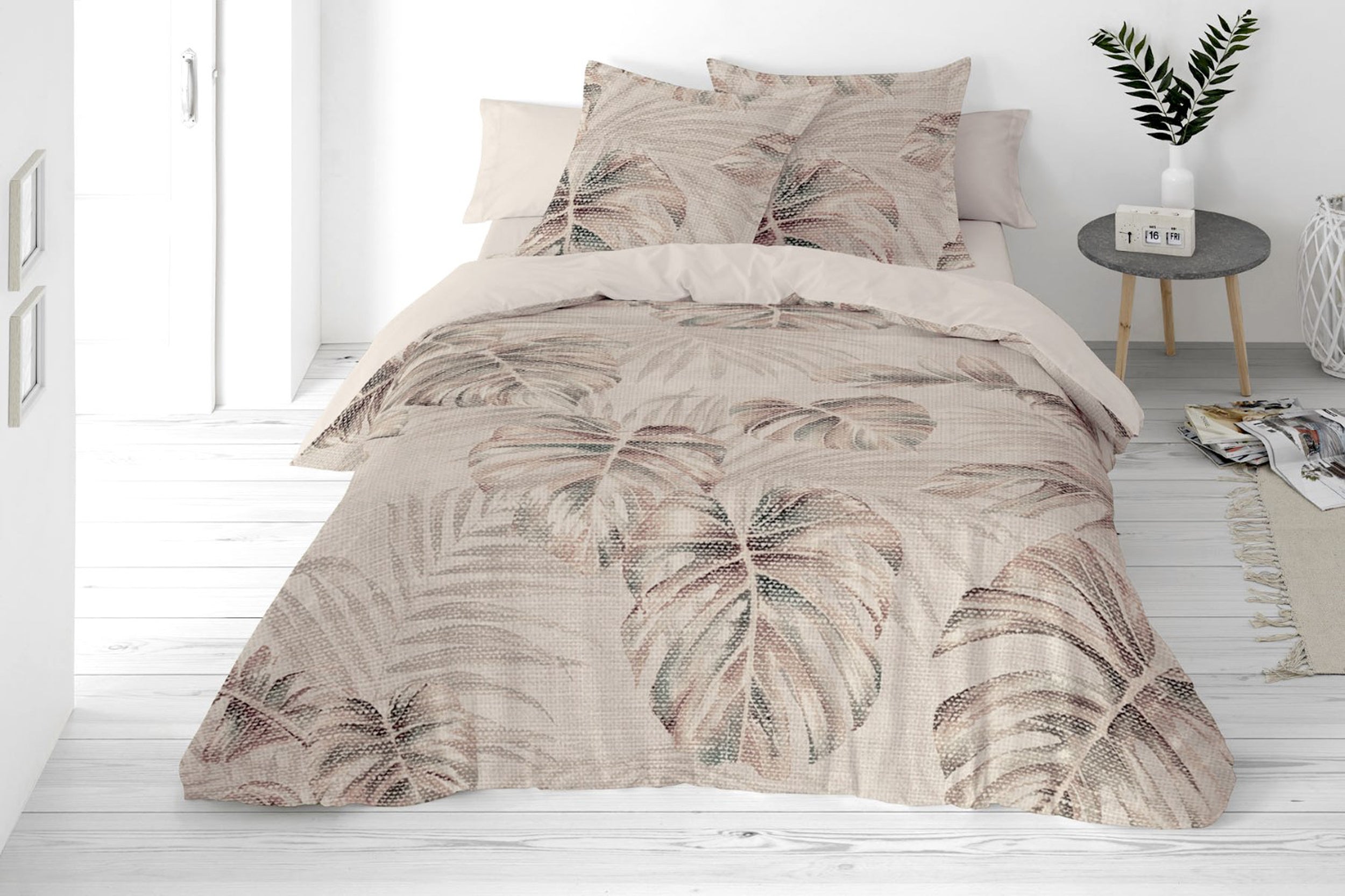 Komplet pościeli z lnem Linen tropikalne liście 160x200 cm z dwiema poszewkami na poduszkę 70x80 cm