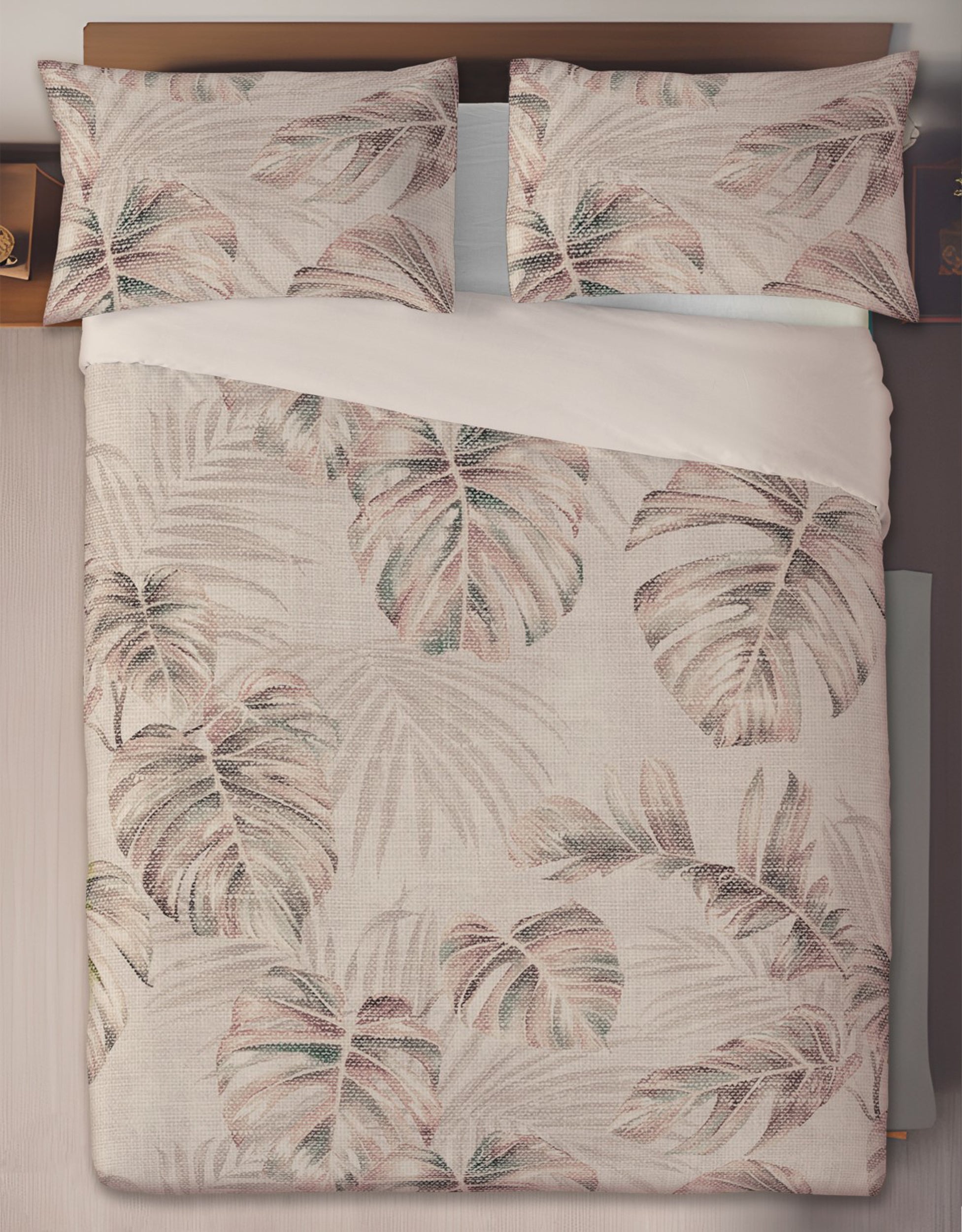 Komplet pościeli z lnem Linen tropikalne liście 160x200 cm z dwiema poszewkami na poduszkę 70x80 cm
