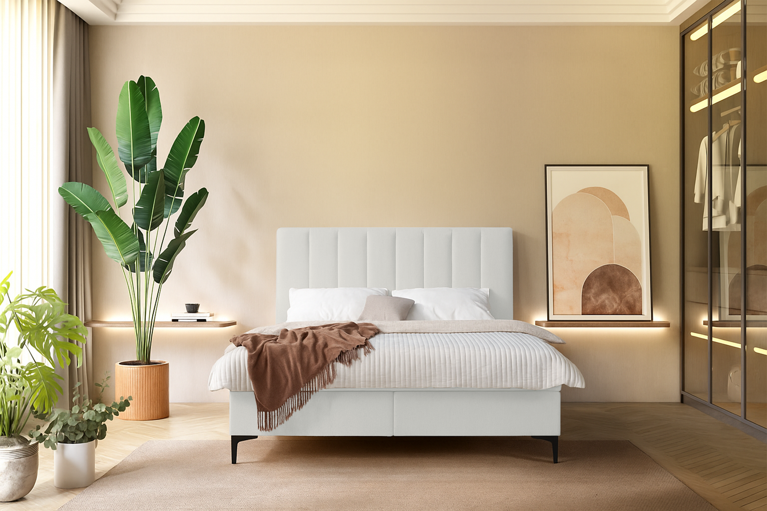 Łóżko kontynentalne 160x200 cm Lorentes z pojemnikiem i topperem kremowe plecionka