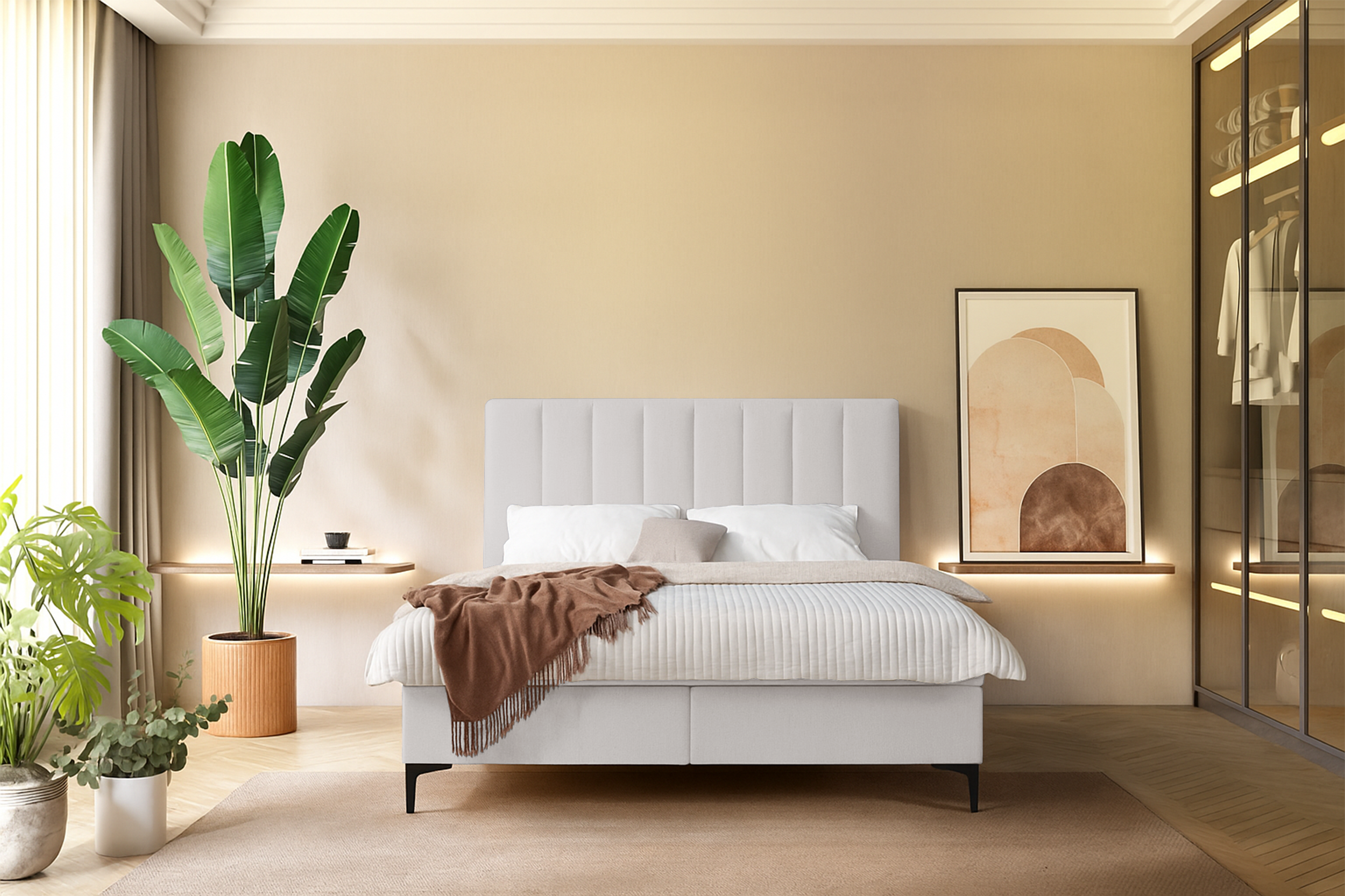 Łóżko kontynentalne 140x200 cm Lorentes z pojemnikiem i topperem jasnobeżowe plecionka