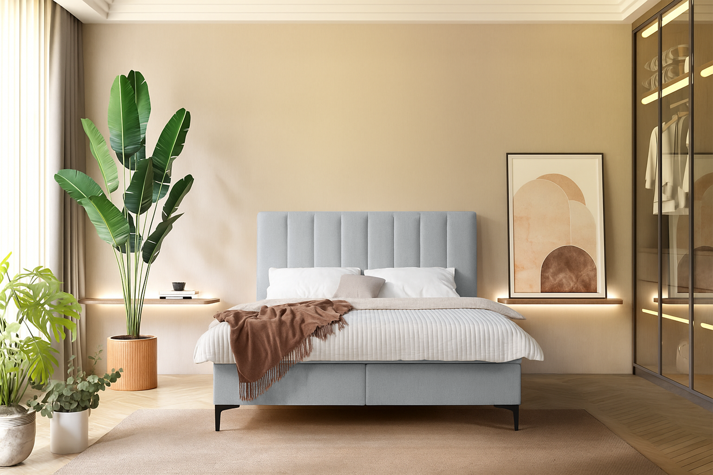 Łóżko kontynentalne 160x200 cm Lorentes z pojemnikiem i topperem jasnoszare plecionka