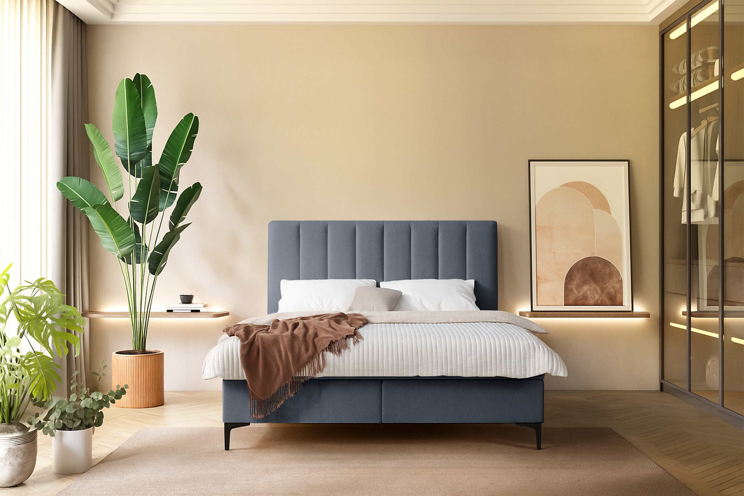 Łóżko kontynentalne 160x200 cm Lorentes z pojemnikiem i topperem ciemnoszare plecionka
