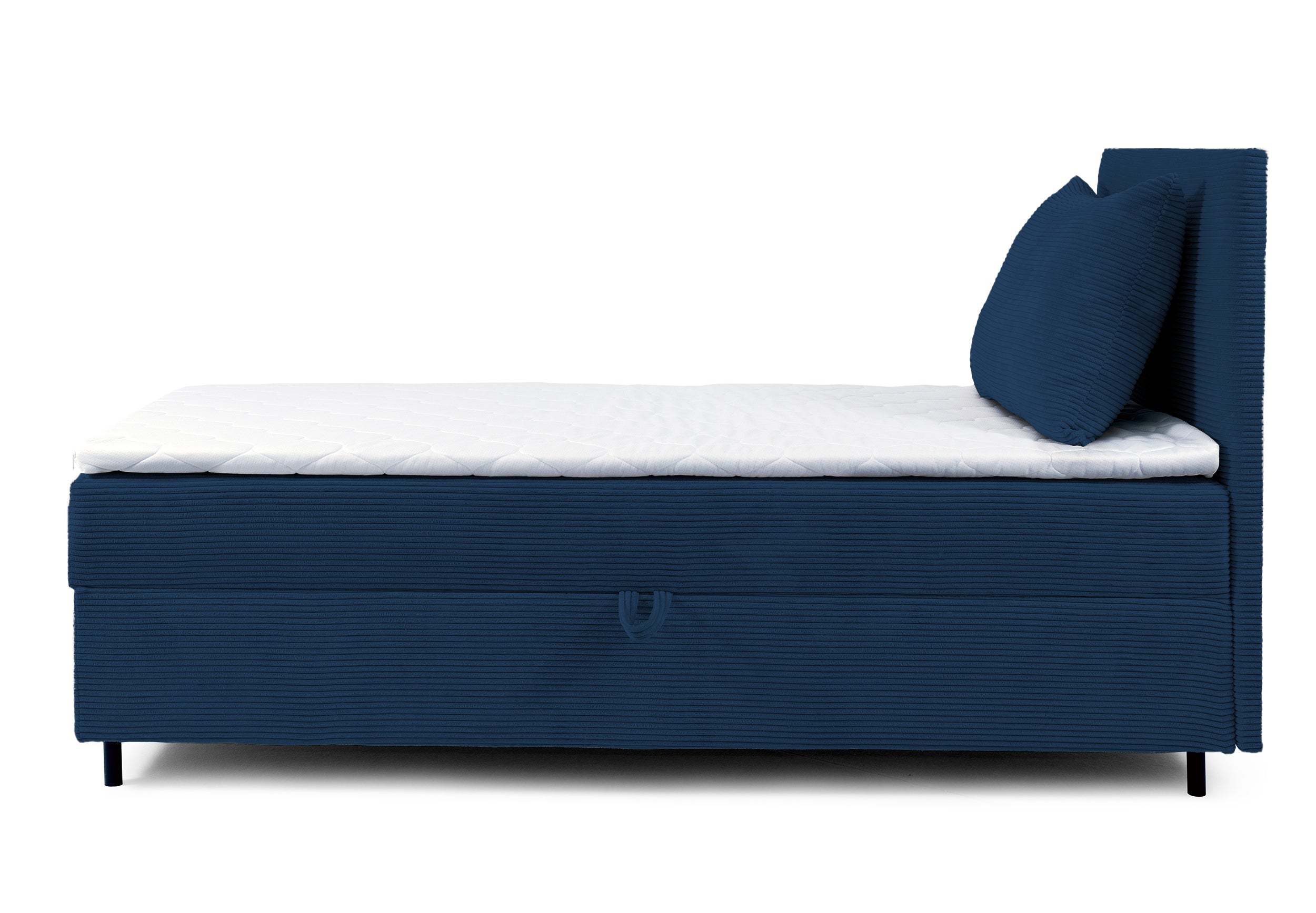Łóżko kontynentalne jednosobowe Montigo Mini 70x200 cm z pojemnikiem, topperem i poduszką granatowe sztruks nogi czarne prawostronne