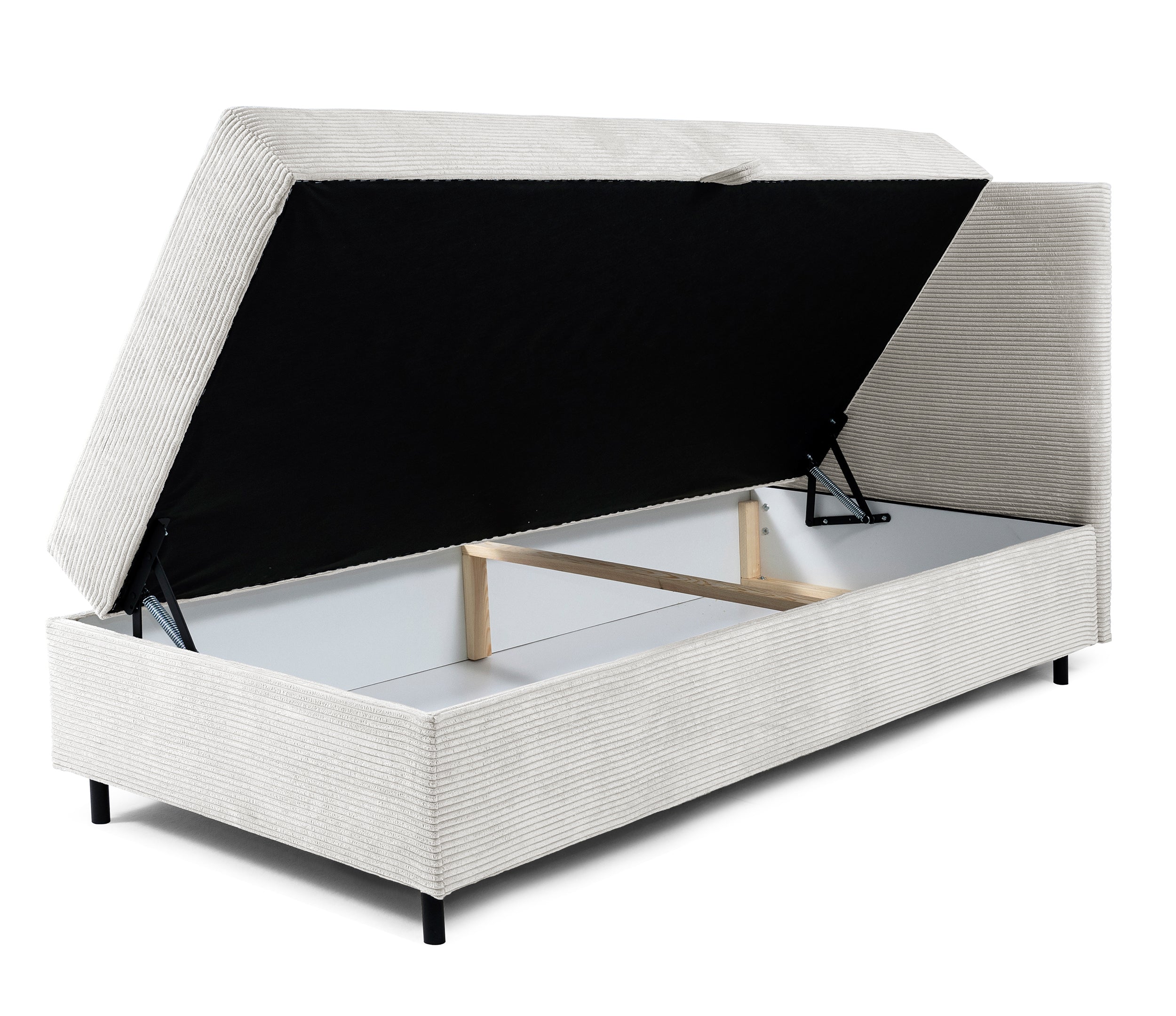 Łóżko kontynentalne jednosobowe Montigo Mini 80x200 cm z pojemnikiem, topperem i poduszką kremowe sztruks nogi czarne prawostronne