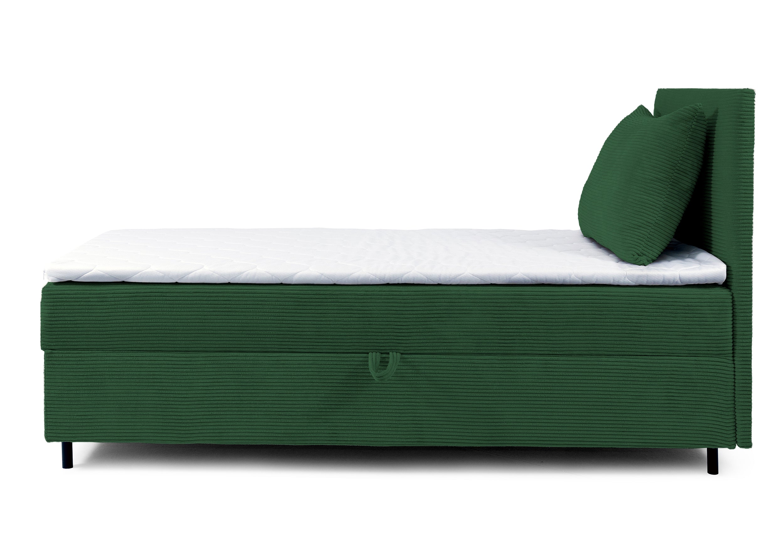 Łóżko kontynentalne jednosobowe Montigo Mini 100x200 cm z pojemnikiem, topperem i poduszką ciemnozielone sztruks nogi czarne prawostronne