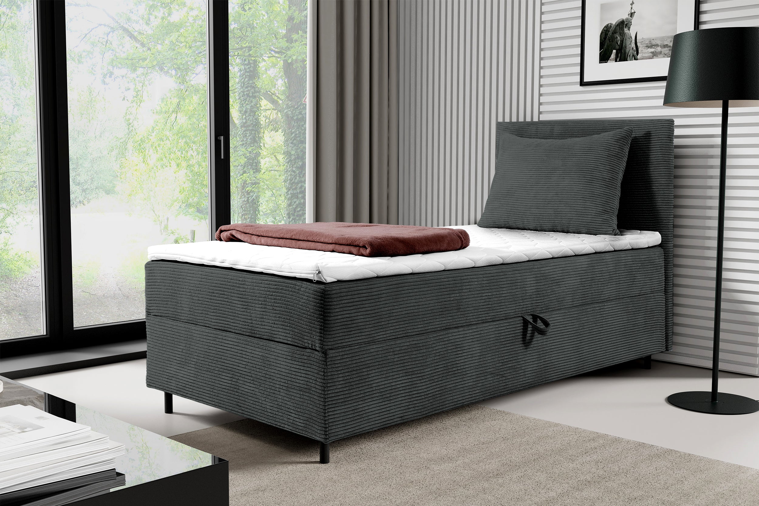 Łóżko kontynentalne jednosobowe Montigo Mini 80x200 cm z pojemnikiem, topperem i poduszką szare sztruks nogi czarne prawostronne