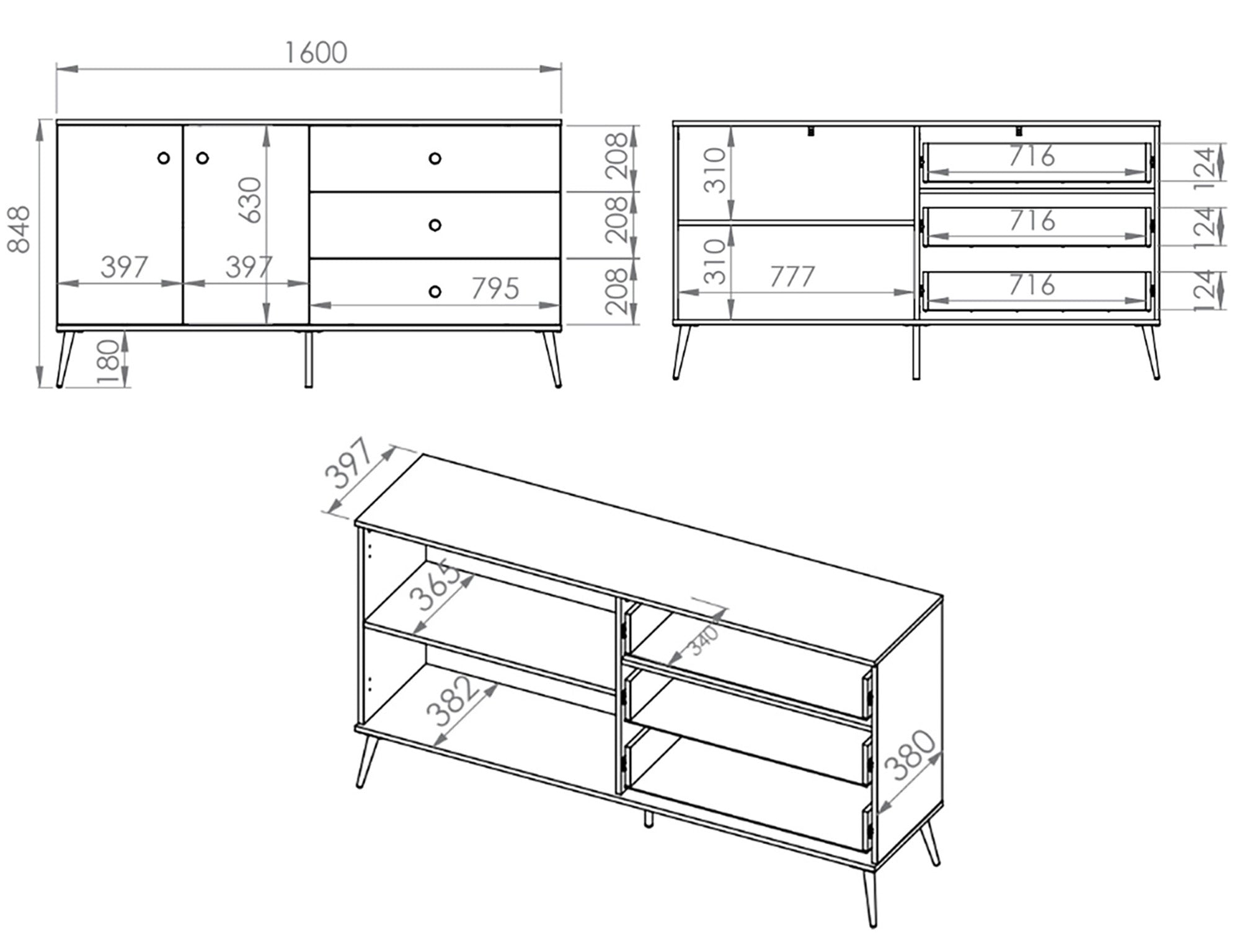 Komoda dwudrzwiowa Maturie z trzema szufladami 160 cm Zielony