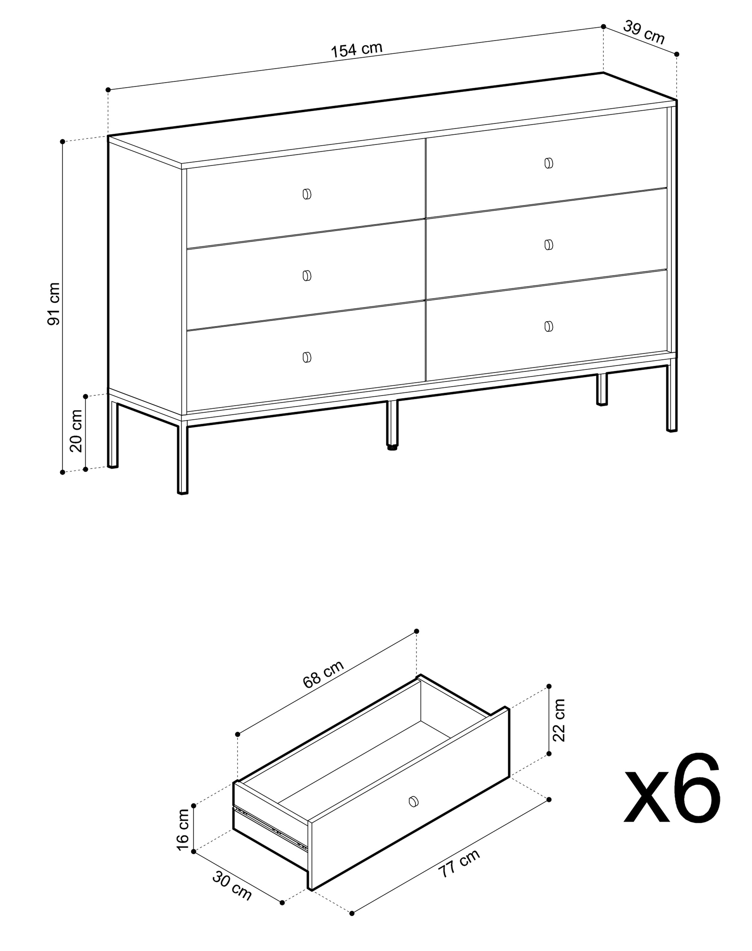 Komoda Monne 154 cm z sześcioma szufladami beżowa vintage