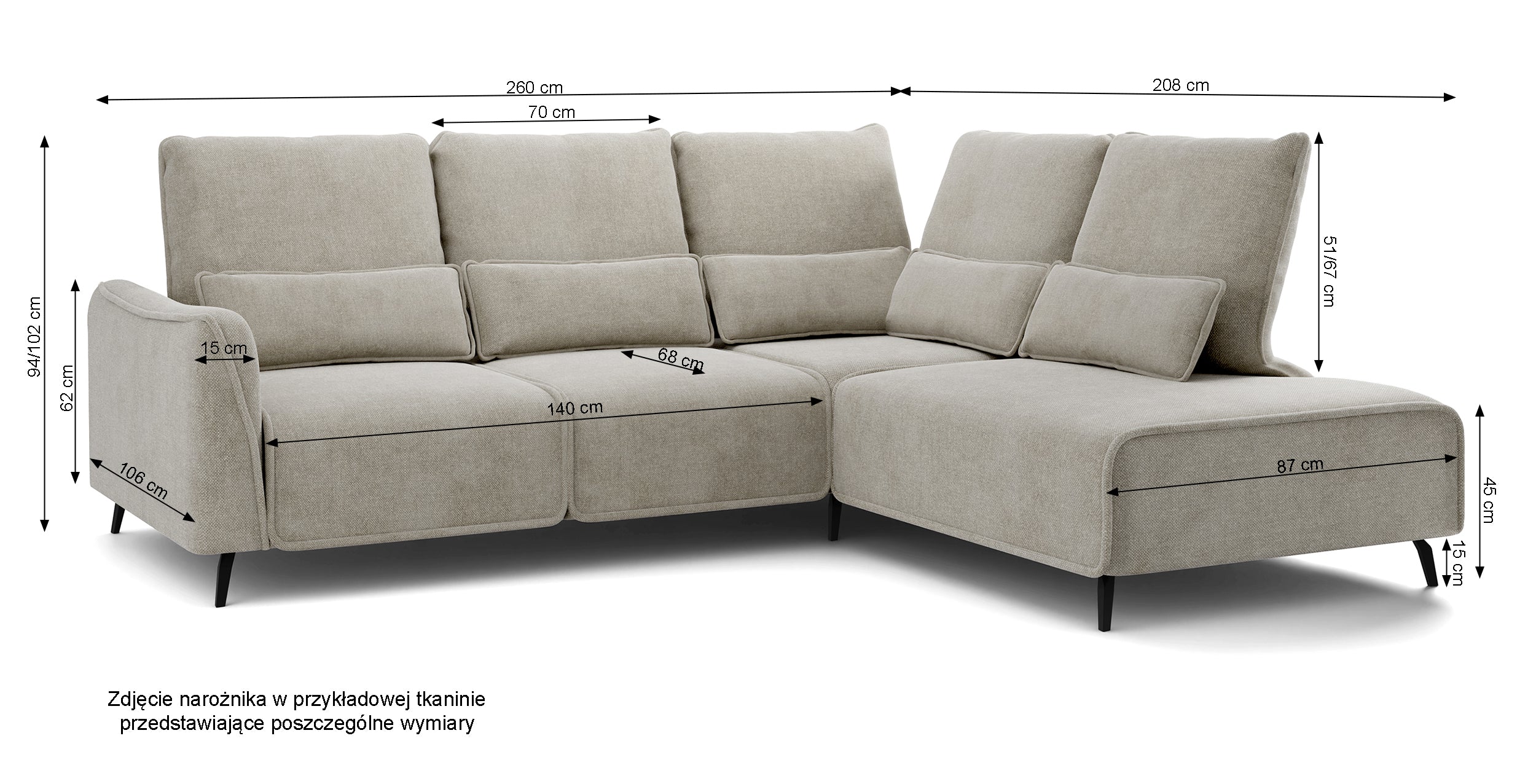 Narożnik Rumbia L-kształtny z boczkiem szarobeżowy z regulowanym oparciem w tkaninie łatwoczyszczcej plecionka nogi czarne lewostronny