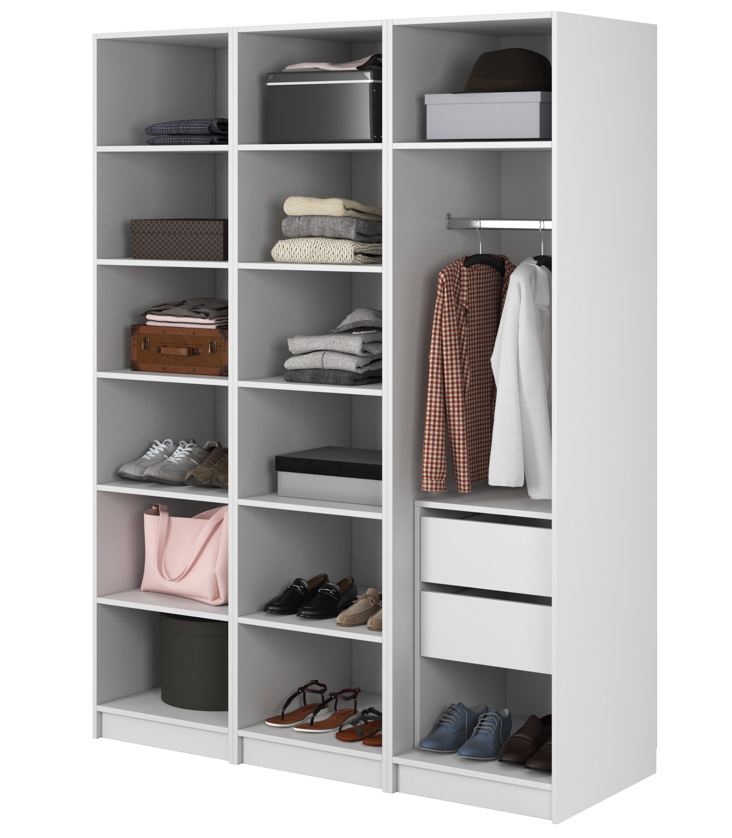 Szafa trzydrzwiowa Frame z drążkiem, półkami i kontenerkiem 150 cm Biała