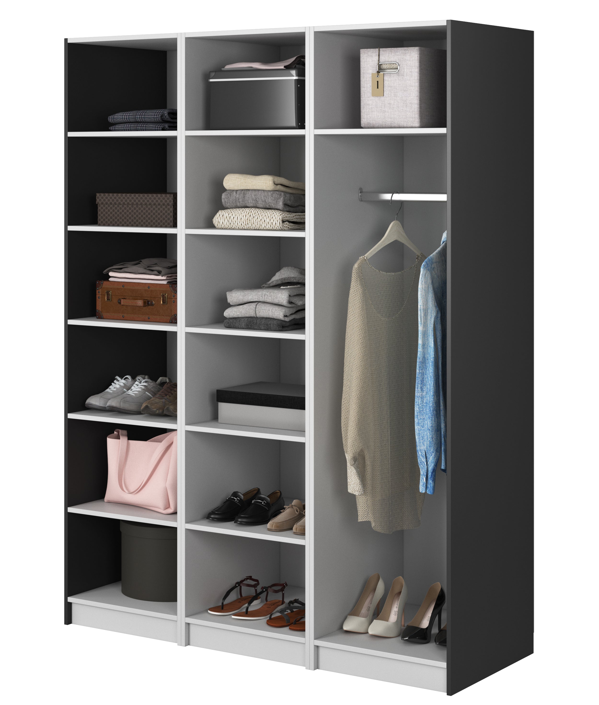 Szafa trzydrzwiowa Frame z drążkiem i półkami 150 cm Czarna
