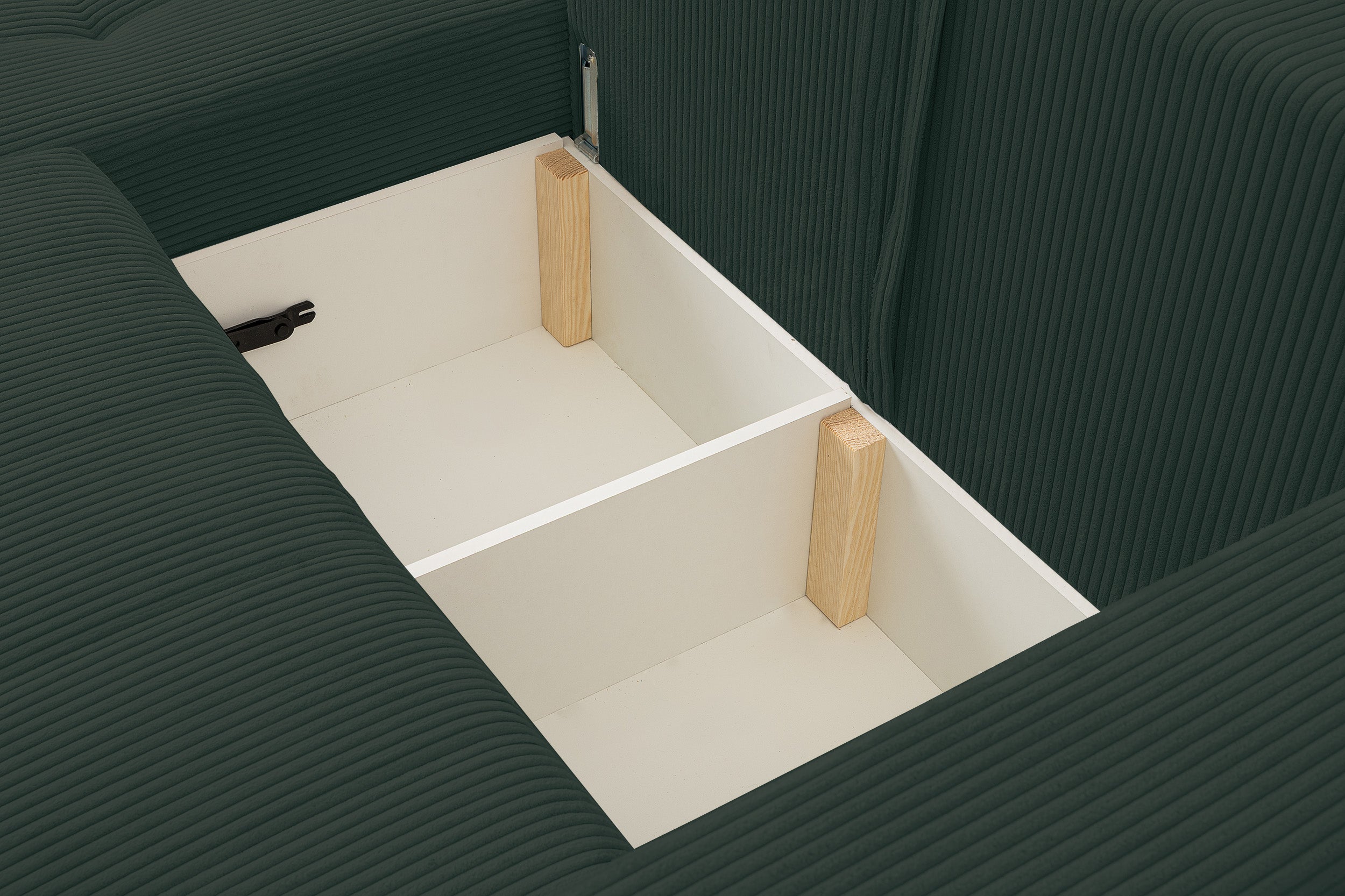 Narożnik z funkcją spania Maillo L-kształtny uniwersalny z pojemnikiem ciemnozielony sztruks