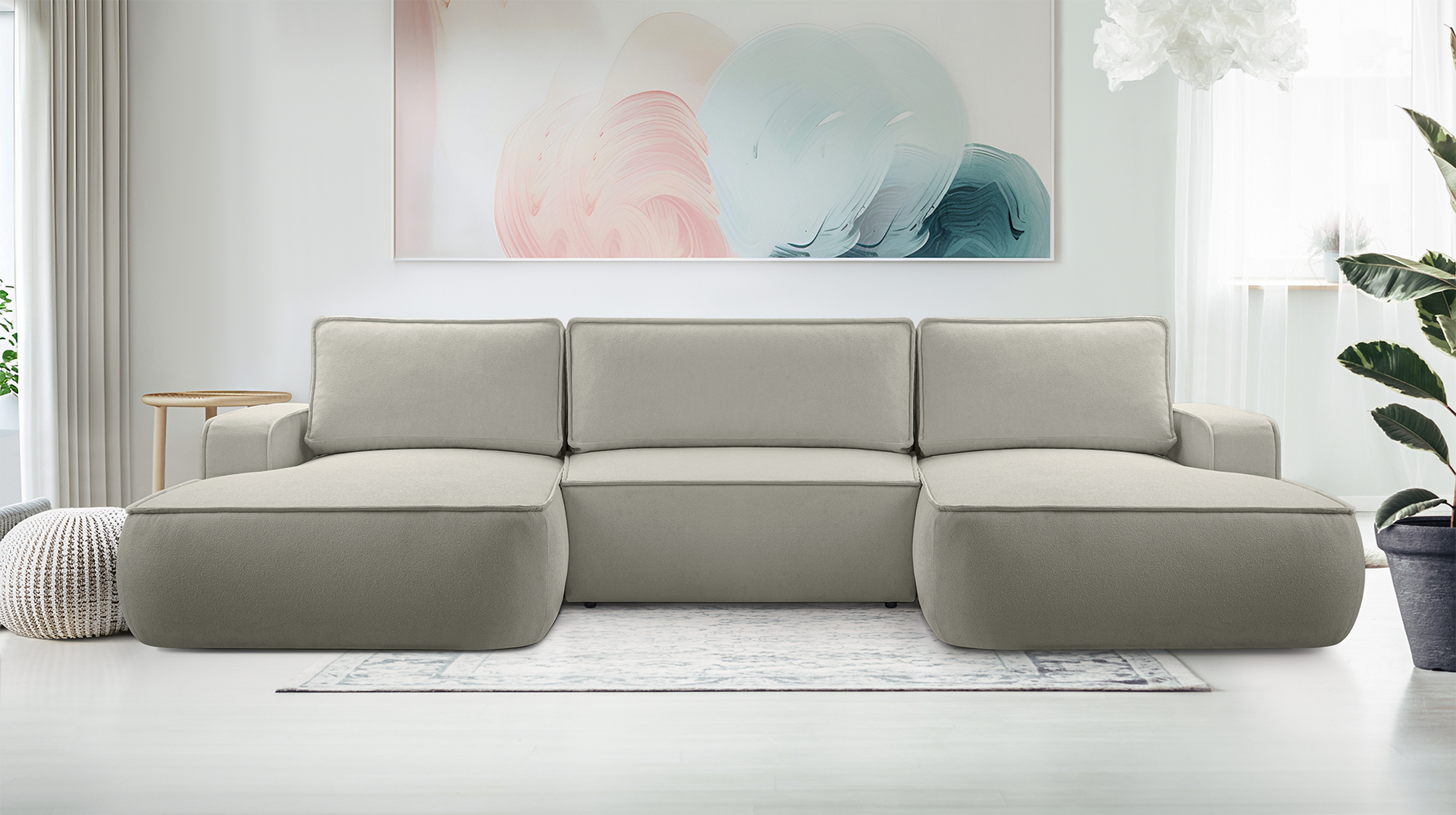 Narożnik z funkcją spania Mollaro U-kształtny uniwersalny z pojemnikiem szarobeżowy boucle