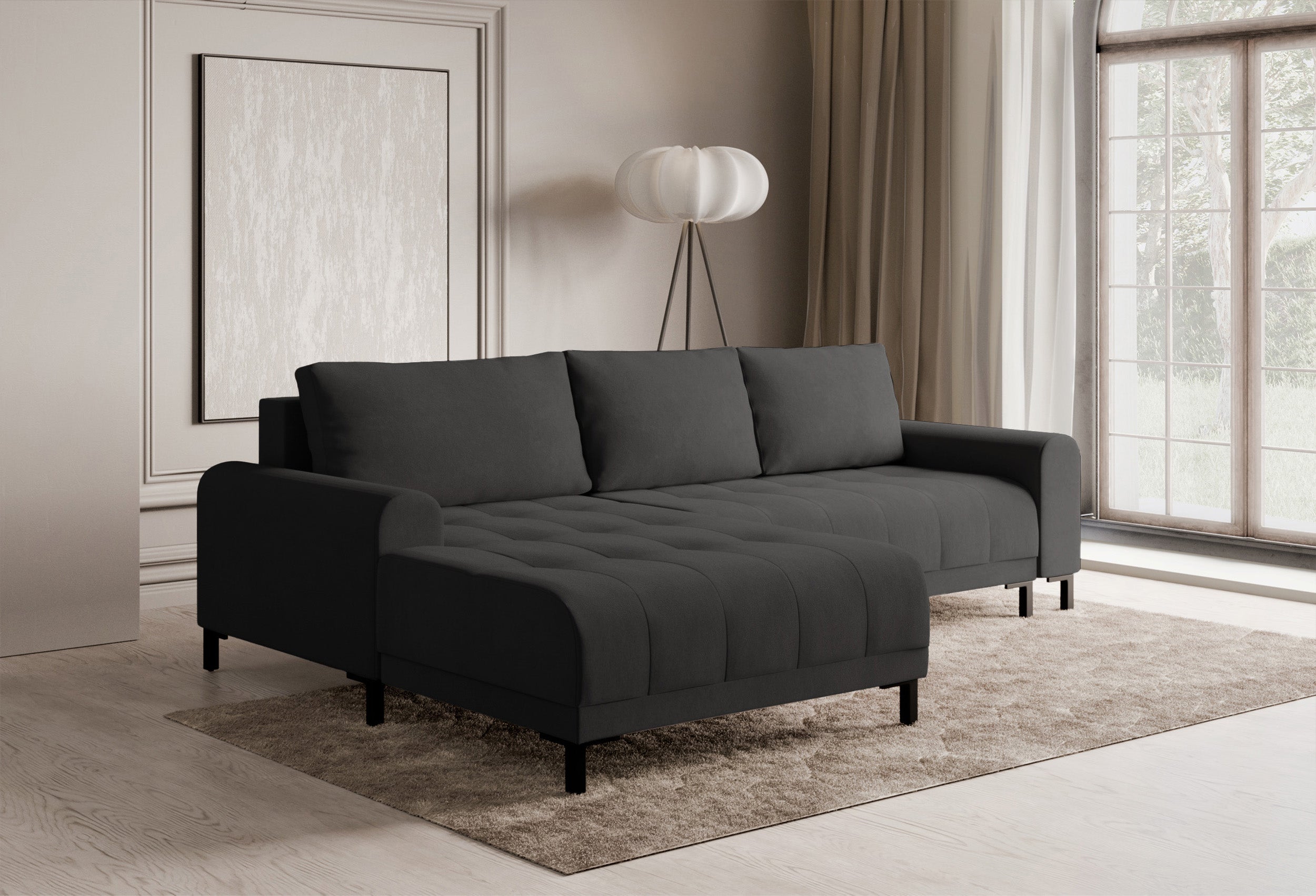 Narożnik z funkcją spania Motilla L-kształtny lewostronny z pojemnikiem ciemnoszary welur hydrofobowy