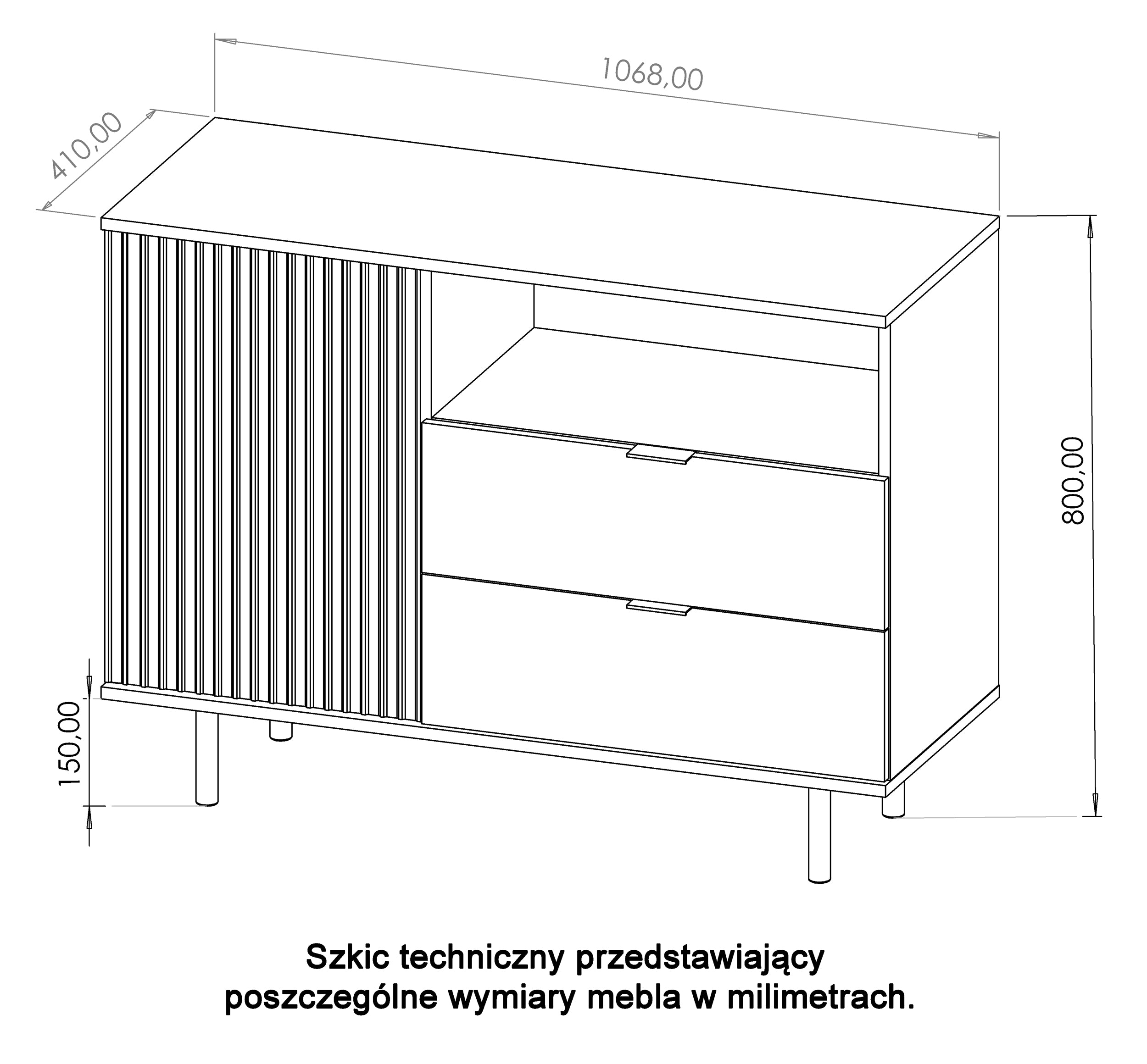 Komoda jednodrzwiowa Klazby 107 cm z dwiema szufladami i półką czarny mat lamele